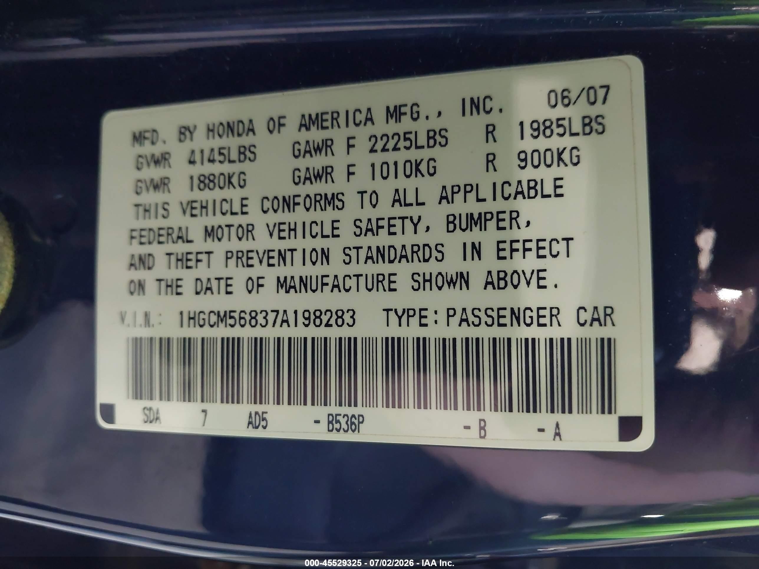 2007 Honda Accord 2.4 Ex Dark Blue vin: 1HGCM56837A198283