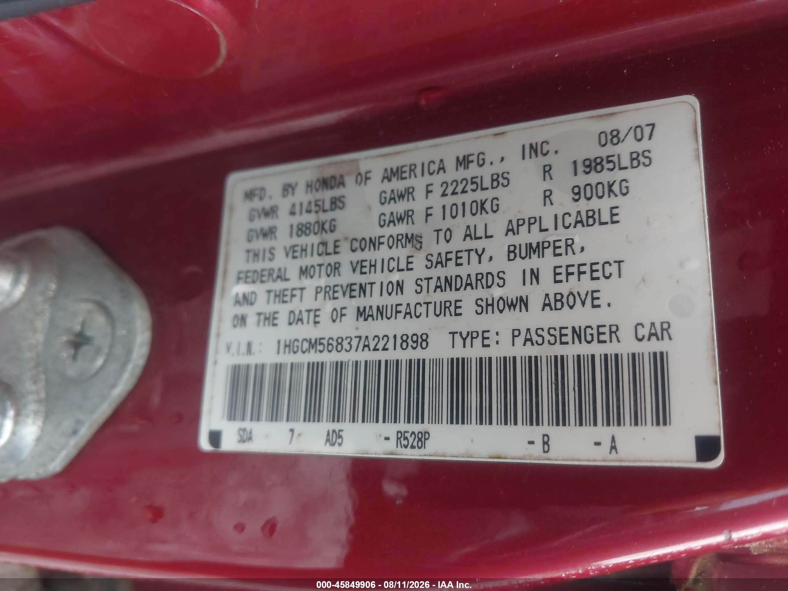 2007 Honda Accord 2.4 Ex Белый vin: 1HGCM56837A221898
