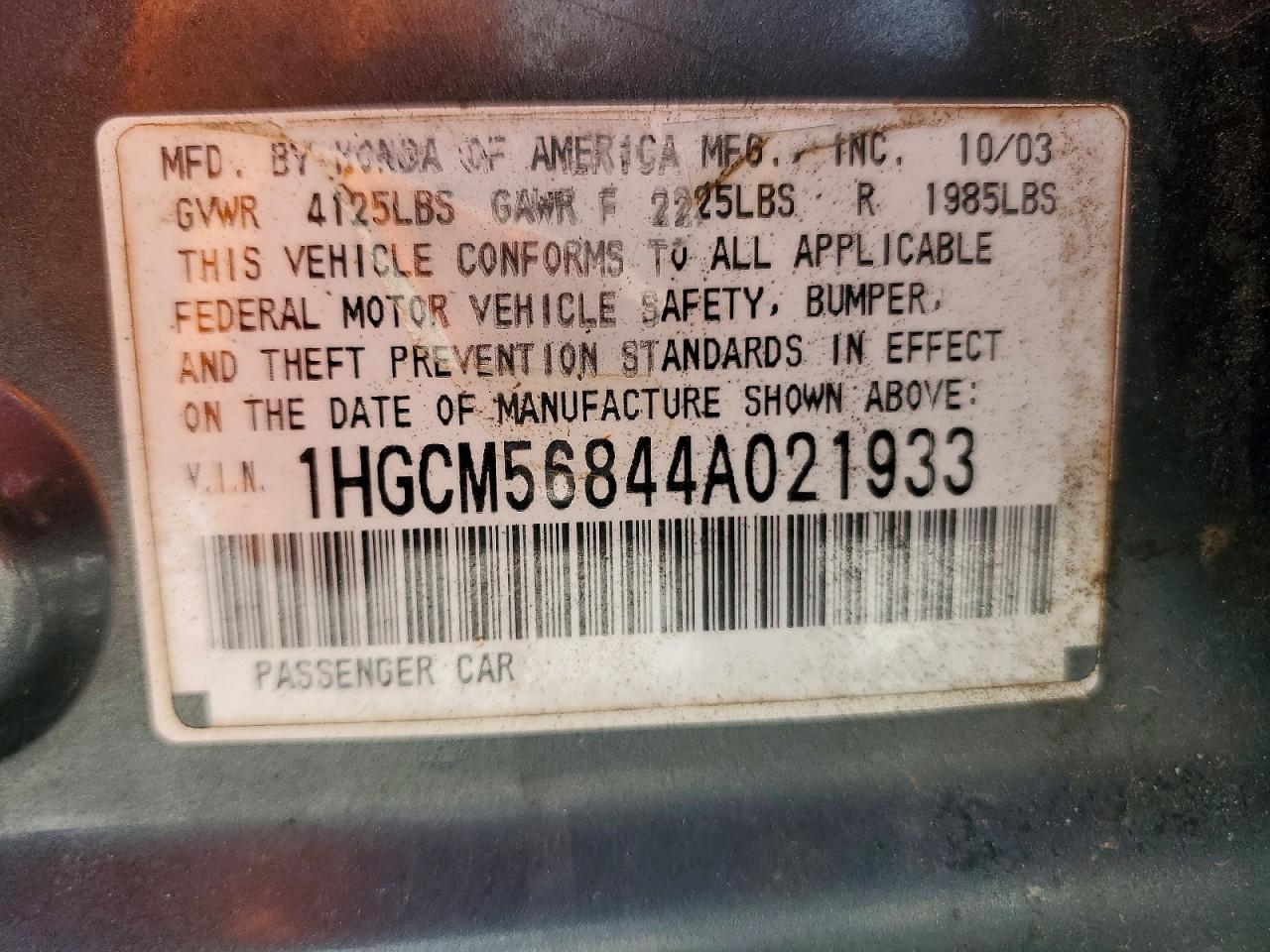2004 Honda Accord Ex Gray vin: 1HGCM56844A021933