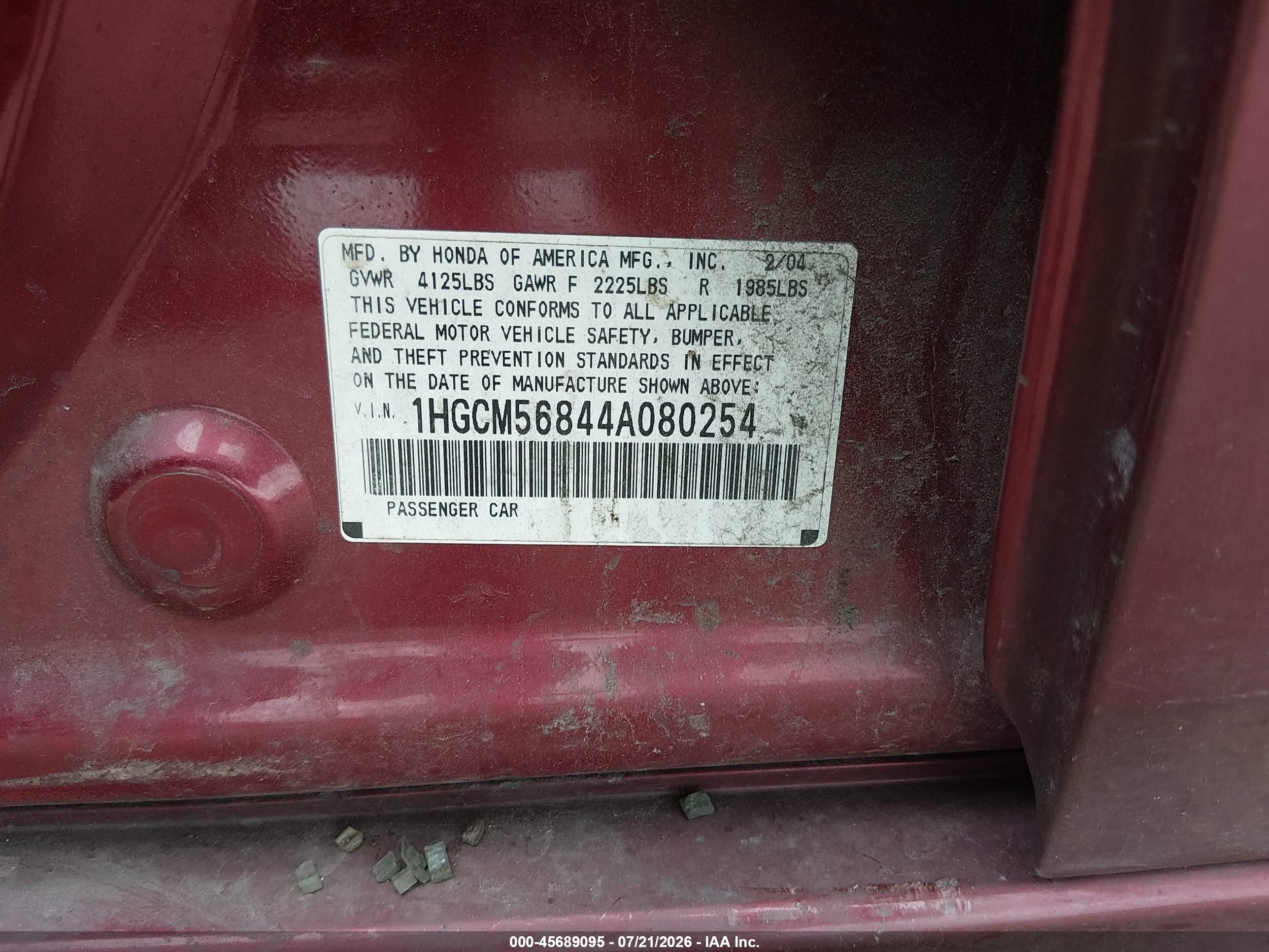 2004 Honda Accord 2.4 Ex Burgundy vin: 1HGCM56844A080254