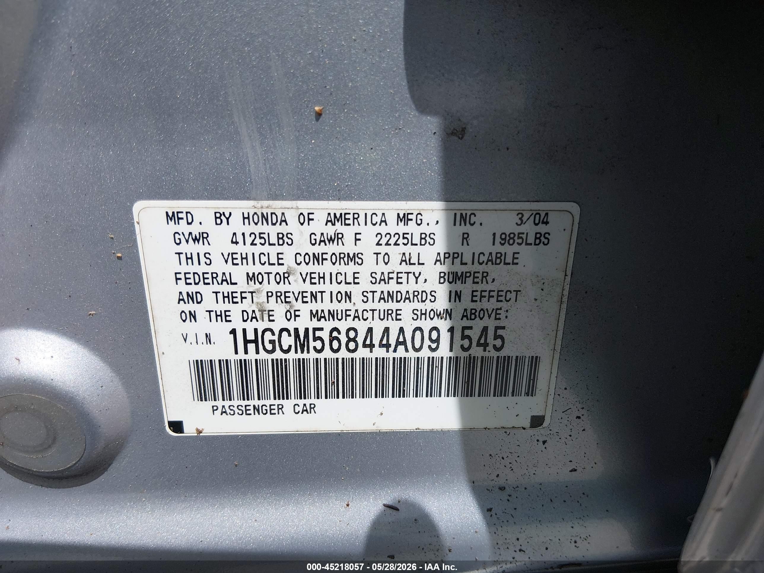 2004 Honda Accord 2.4 Ex Silver vin: 1HGCM56844A091545