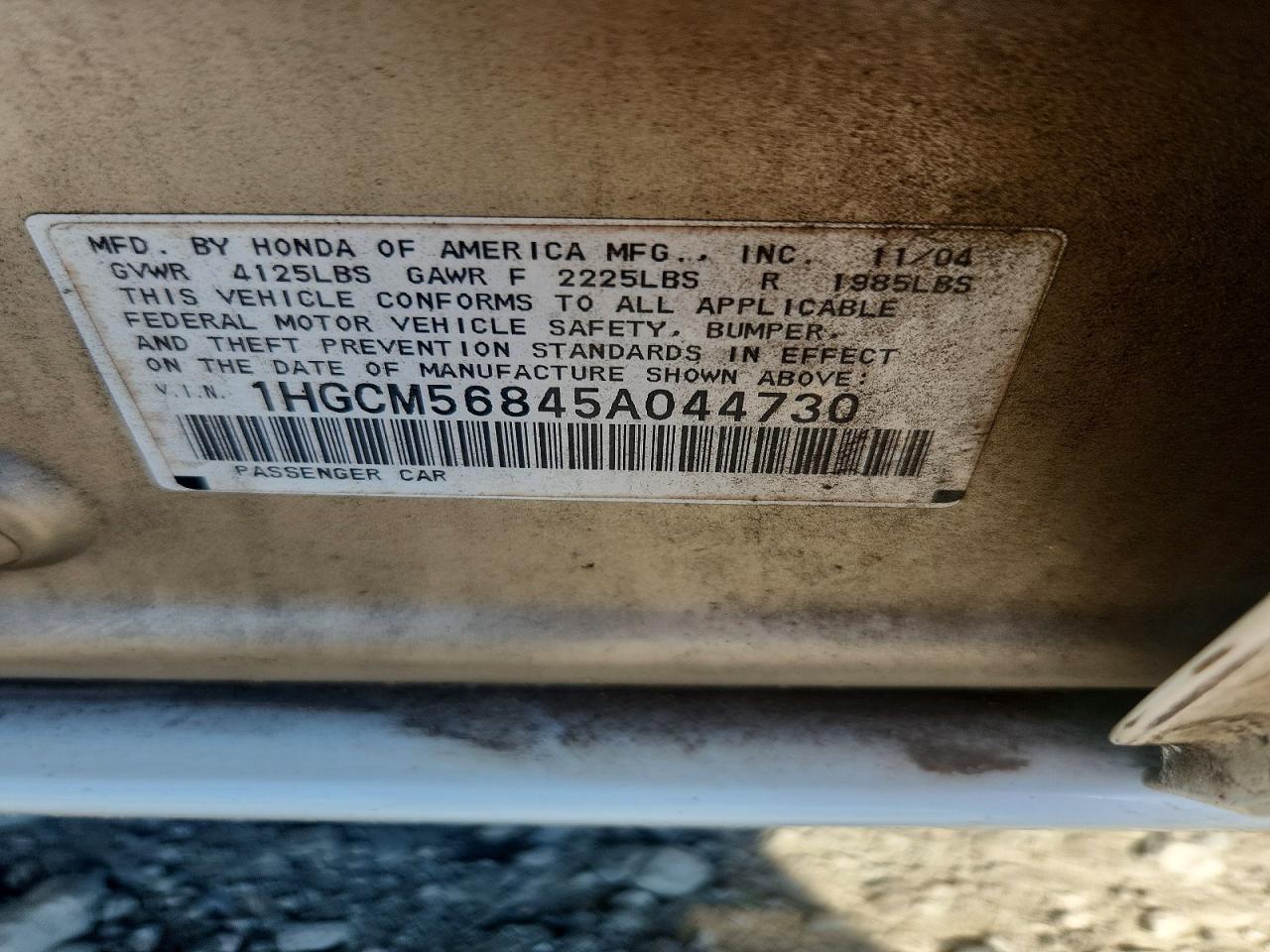 2005 Honda Accord Ex White vin: 1HGCM56845A044730