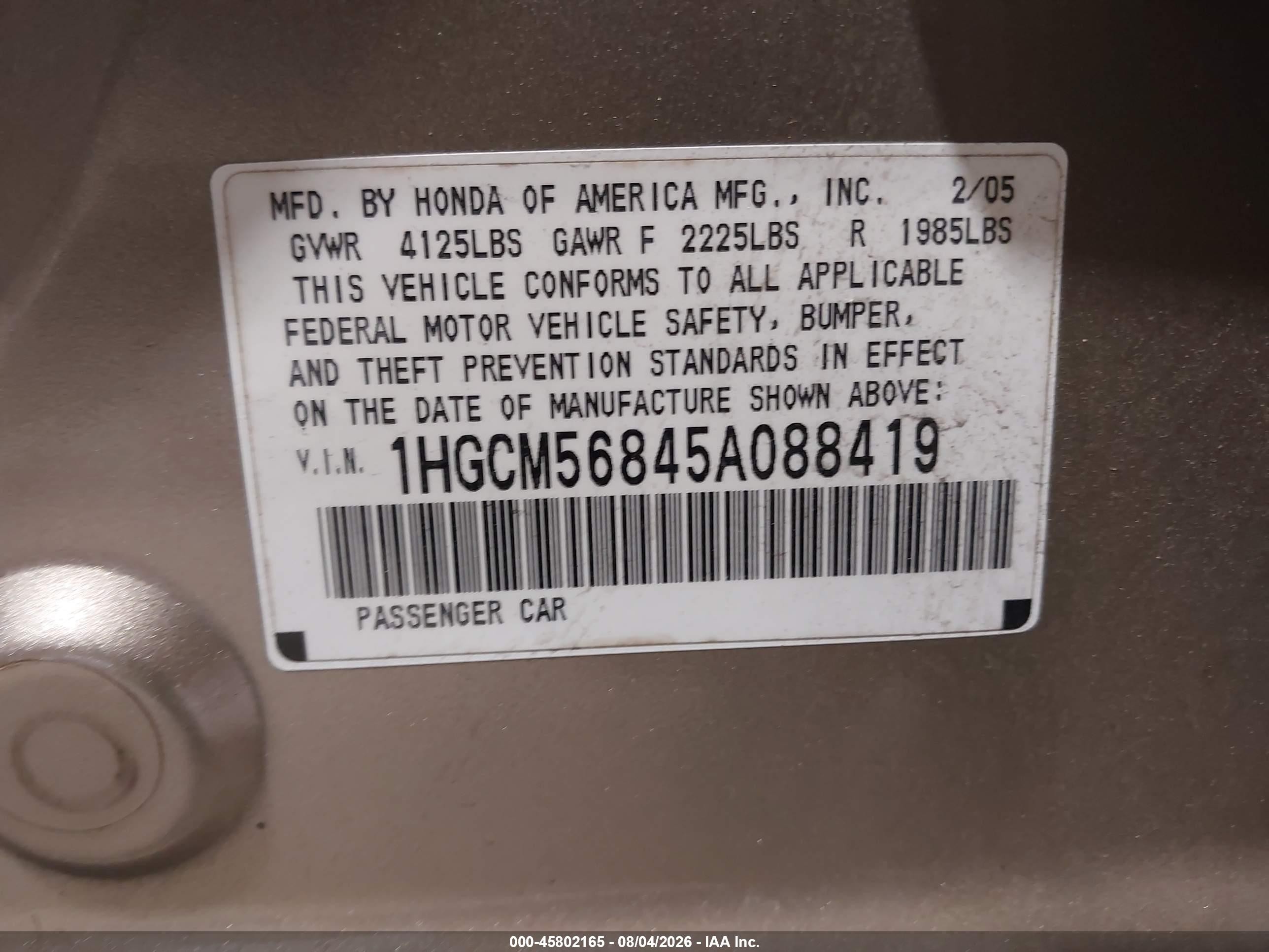 2005 Honda Accord 2.4 Ex Gold vin: 1HGCM56845A088419
