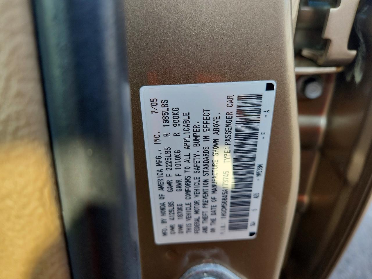 2005 Honda Accord Ex Tan vin: 1HGCM56845A173745
