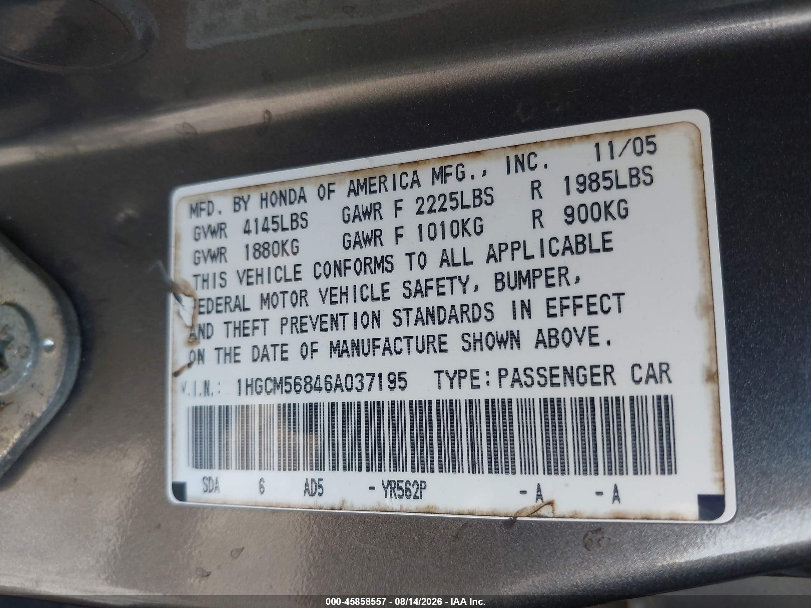 2006 Honda Accord 2.4 Ex Brown vin: 1HGCM56846A037195