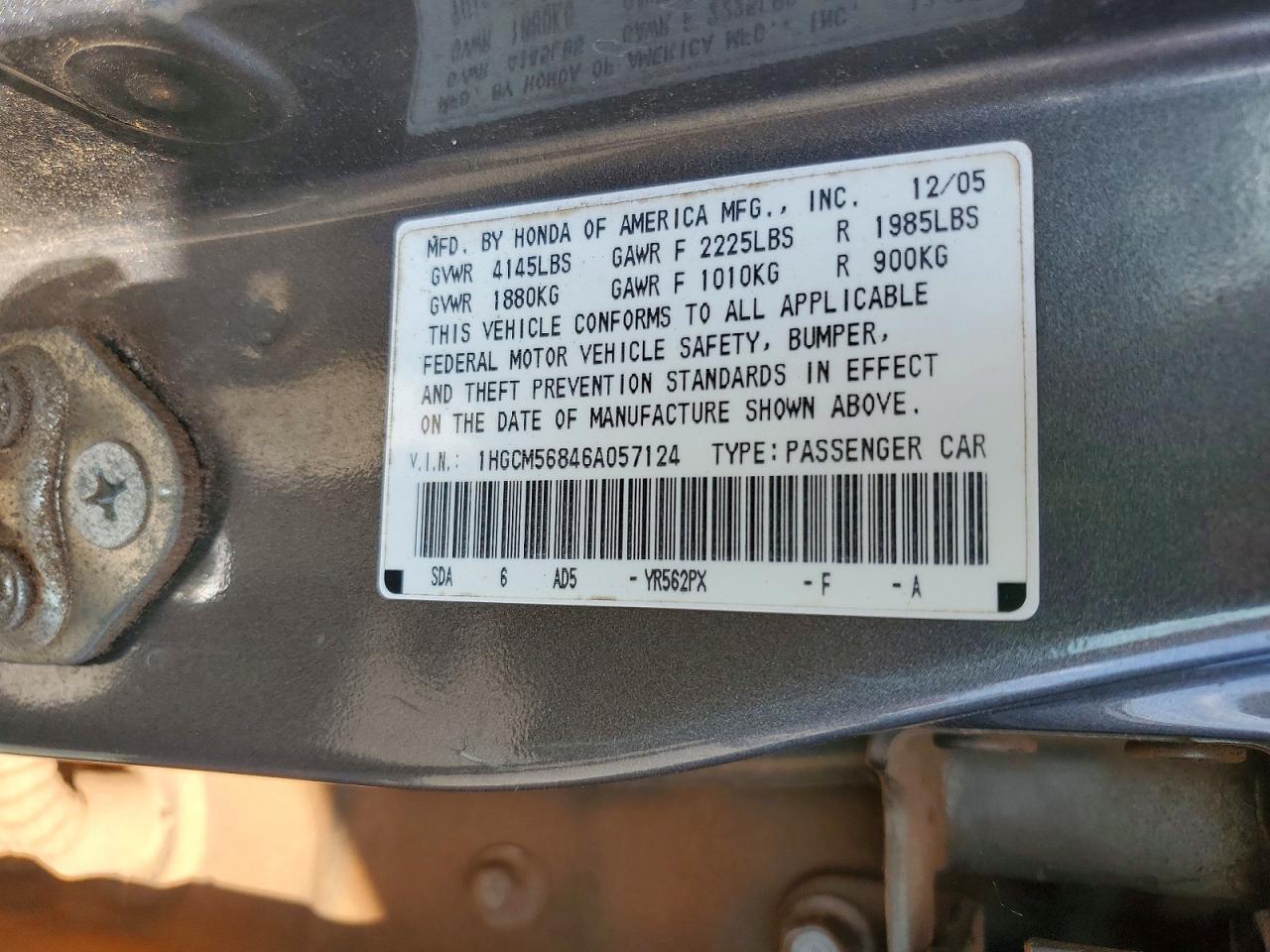 2006 Honda Accord Ex Gray vin: 1HGCM56846A057124