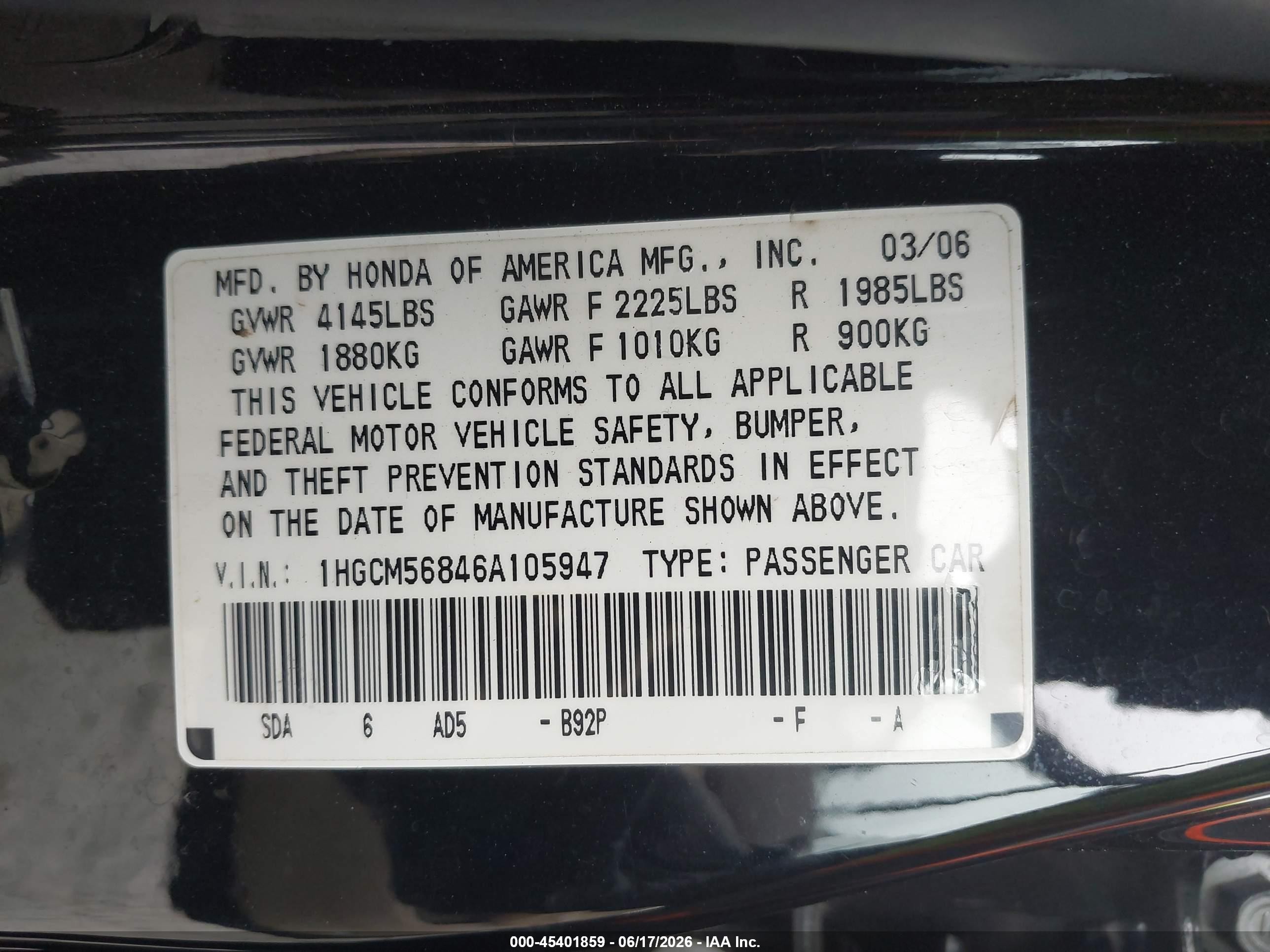 2006 Honda Accord 2.4 Ex Black vin: 1HGCM56846A105947