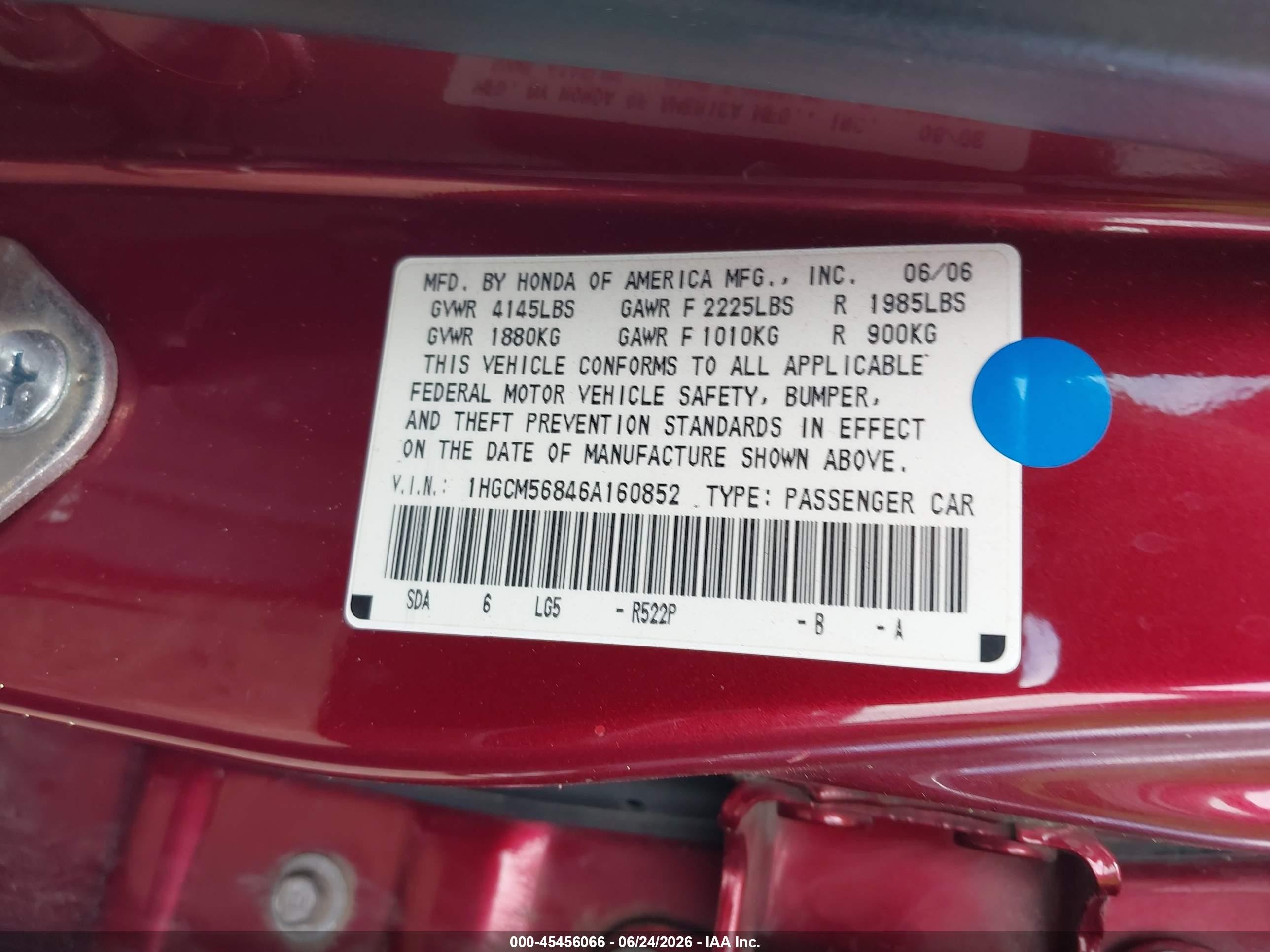 2006 Honda Accord 2.4 Ex Red vin: 1HGCM56846A160852