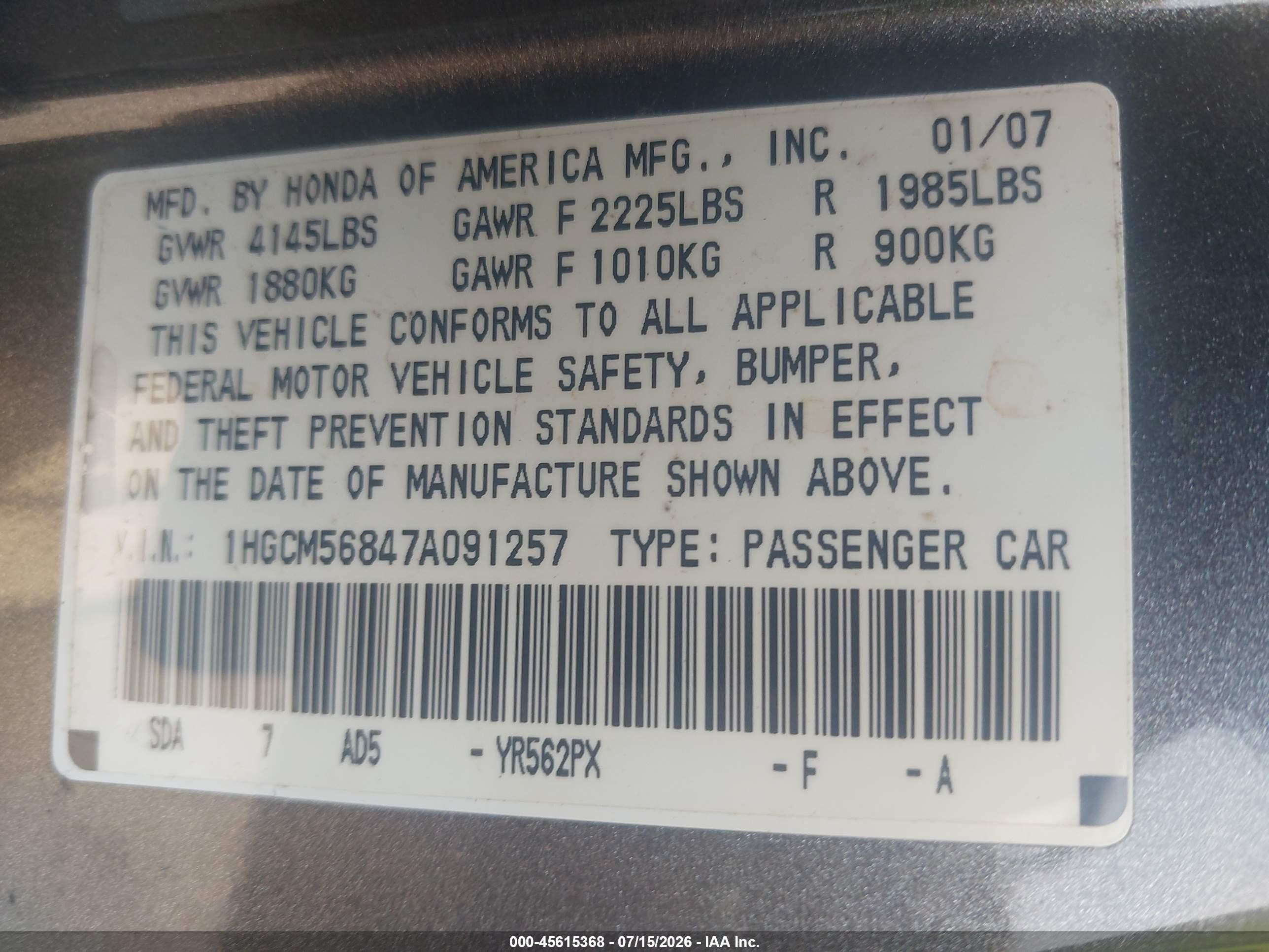 2007 Honda Accord 2.4 Ex Gray vin: 1HGCM56847A091257