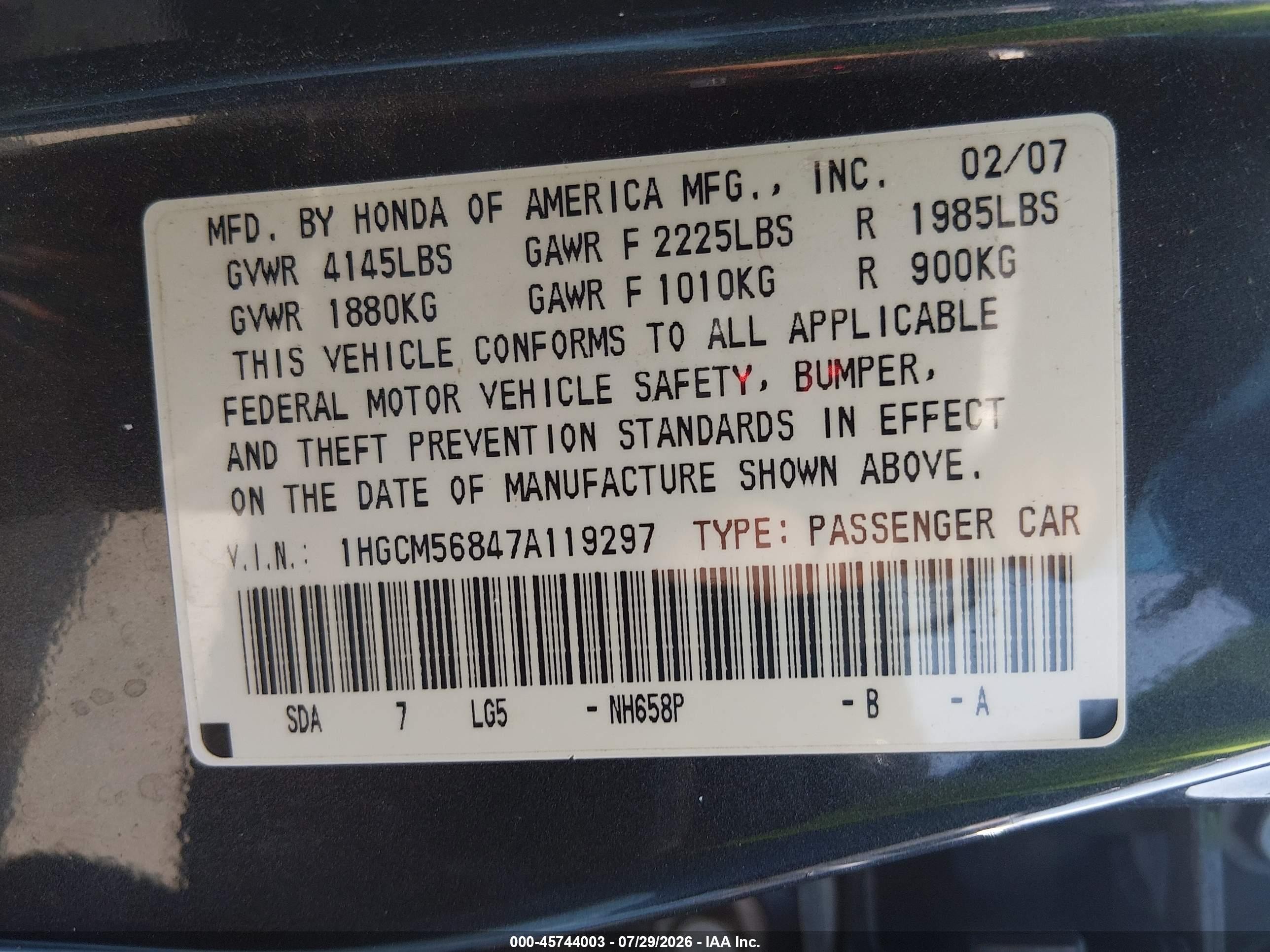 2007 Honda Accord 2.4 Ex Gray vin: 1HGCM56847A119297