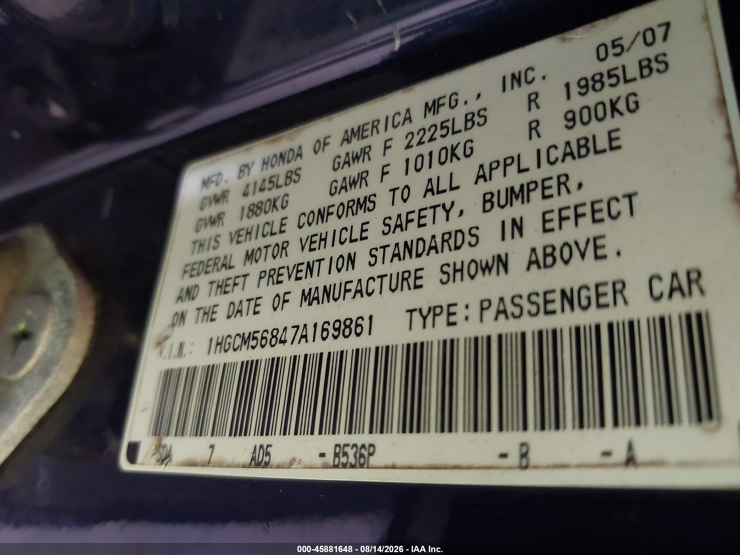 2007 Honda Accord 2.4 Ex Blue vin: 1HGCM56847A169861