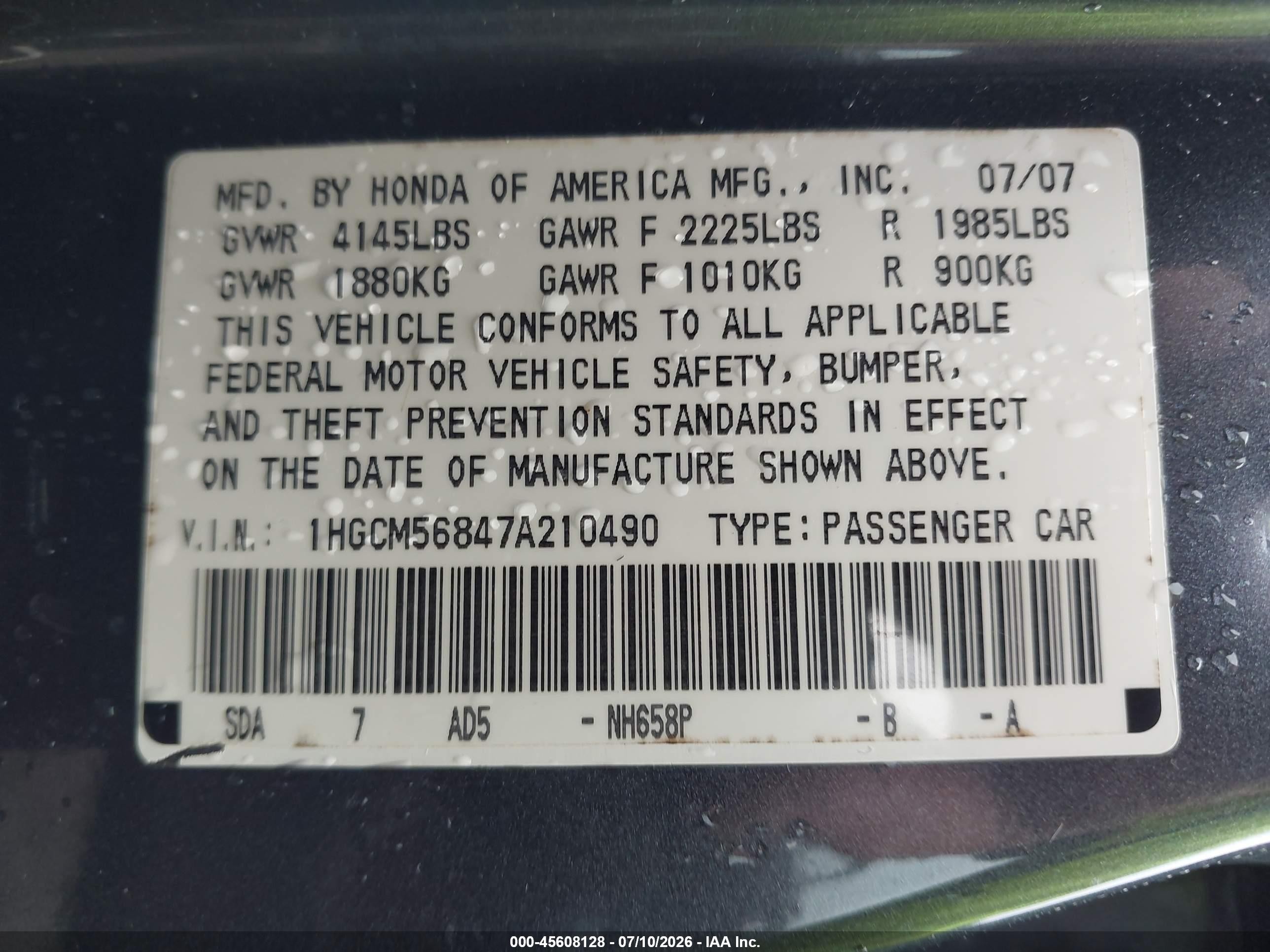 2007 Honda Accord 2.4 Ex Gray vin: 1HGCM56847A210490