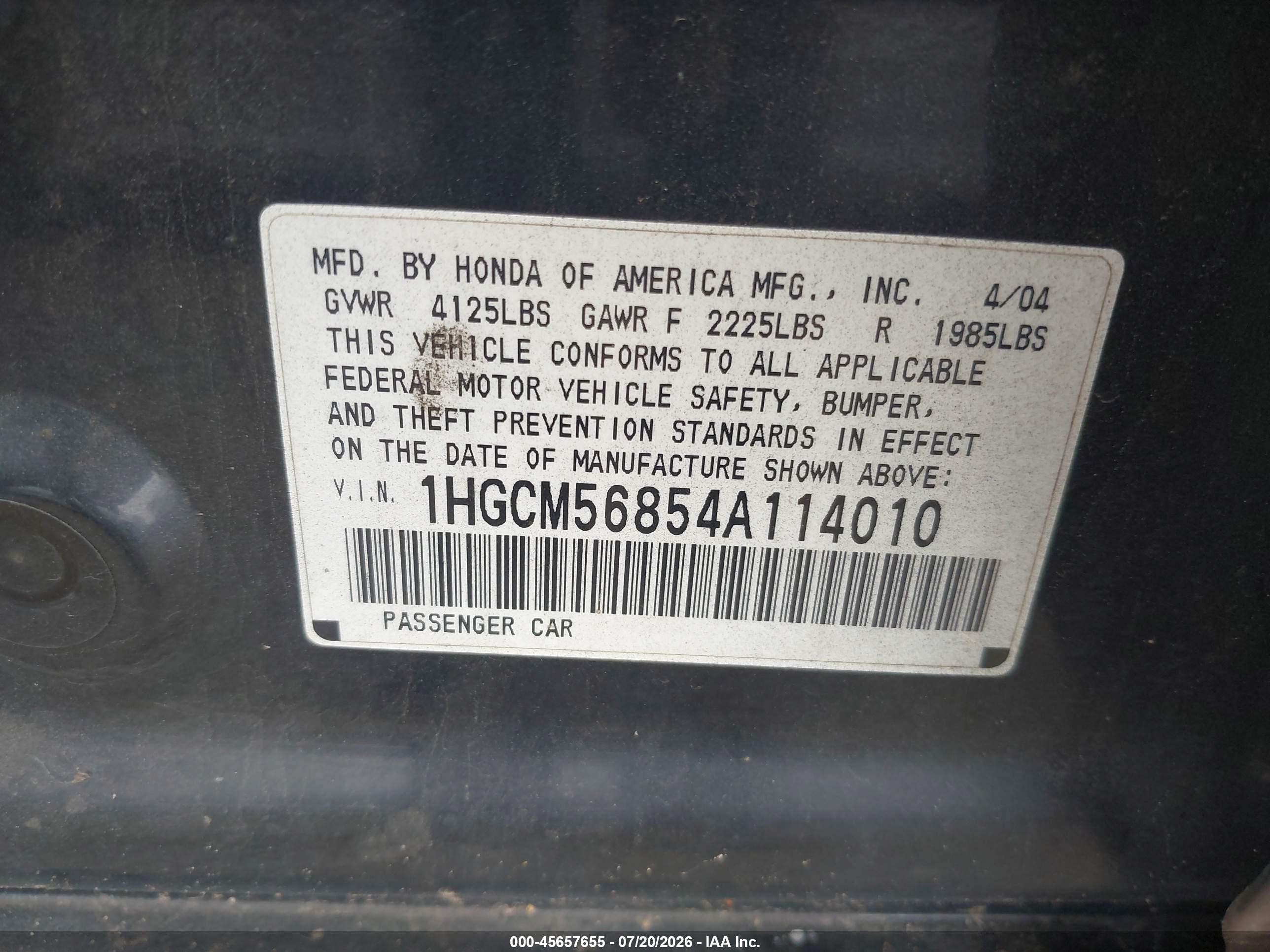 2004 Honda Accord 2.4 Ex Black vin: 1HGCM56854A114010