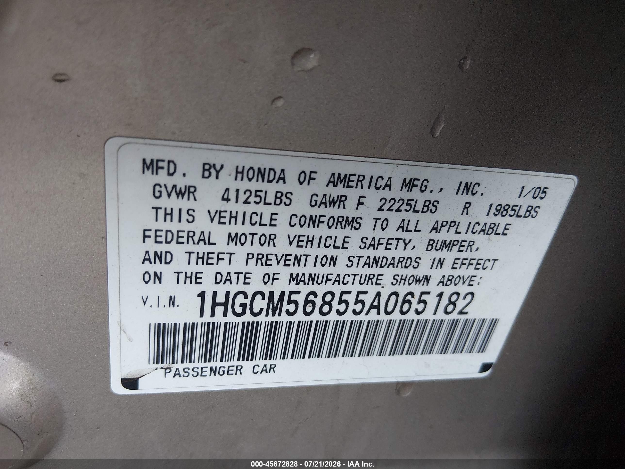 2005 Honda Accord 2.4 Ex Gold vin: 1HGCM56855A065182