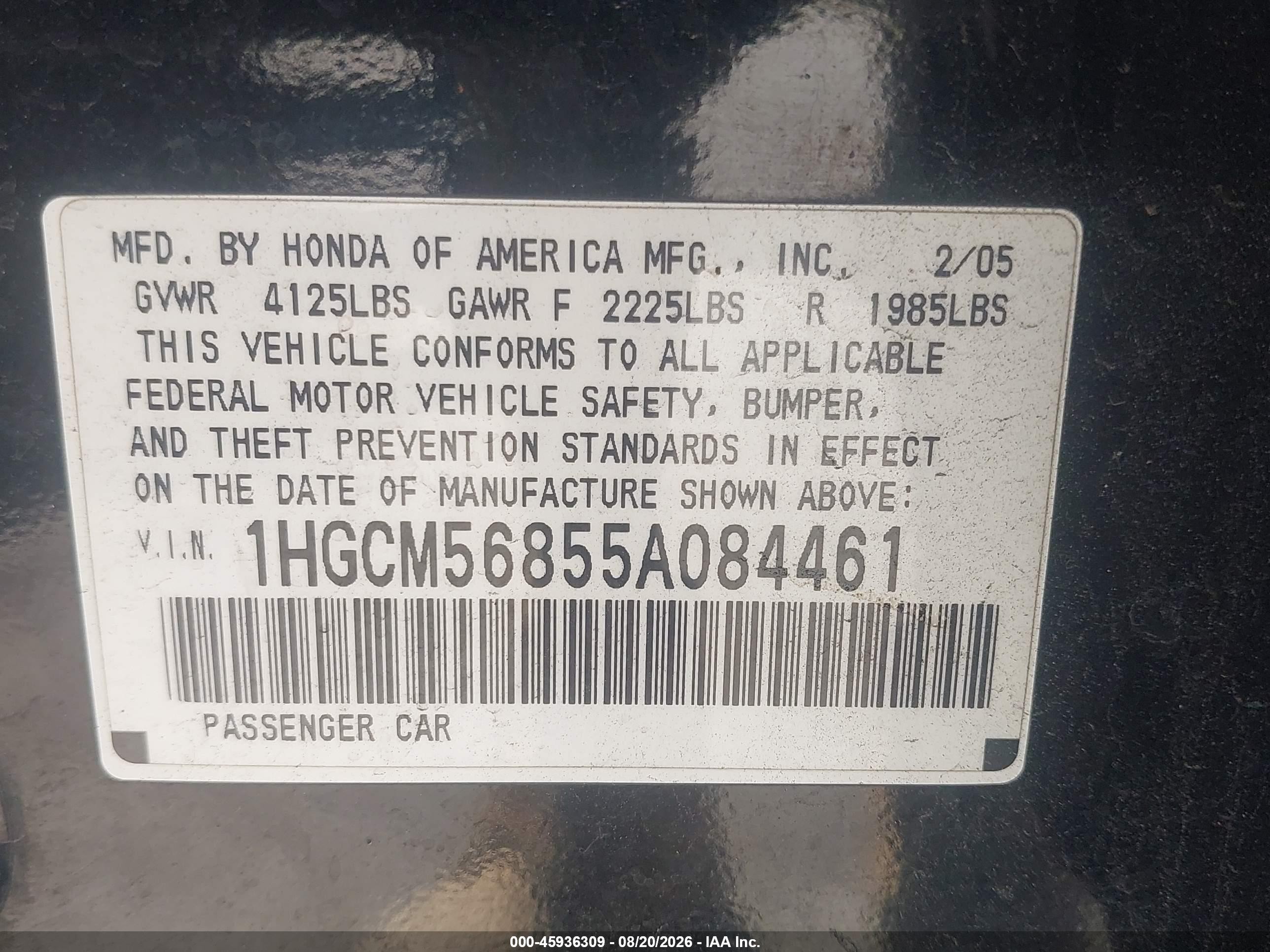 2005 Honda Accord 2.4 Ex Black vin: 1HGCM56855A084461