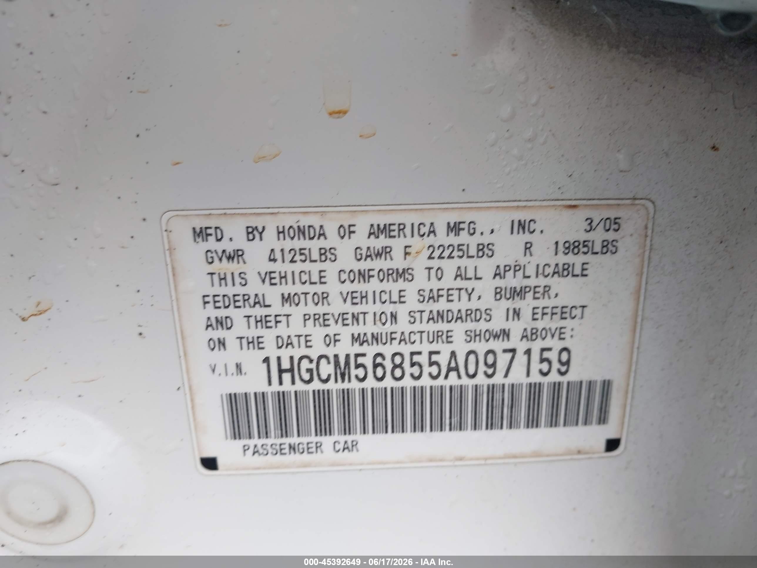 2005 Honda Accord 2.4 Ex White vin: 1HGCM56855A097159