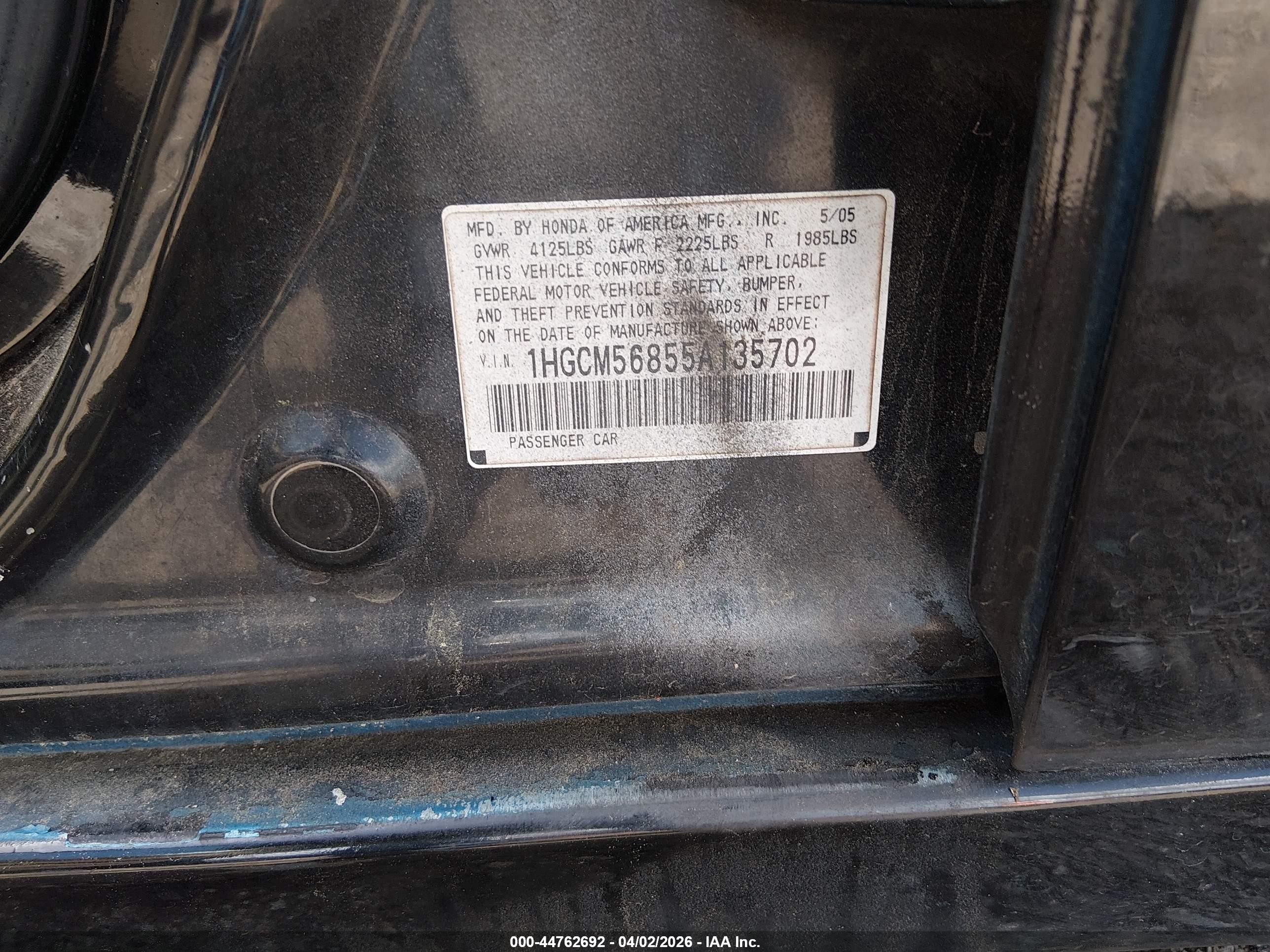 2005 Honda Accord 2.4 Ex Black vin: 1HGCM56855A135702
