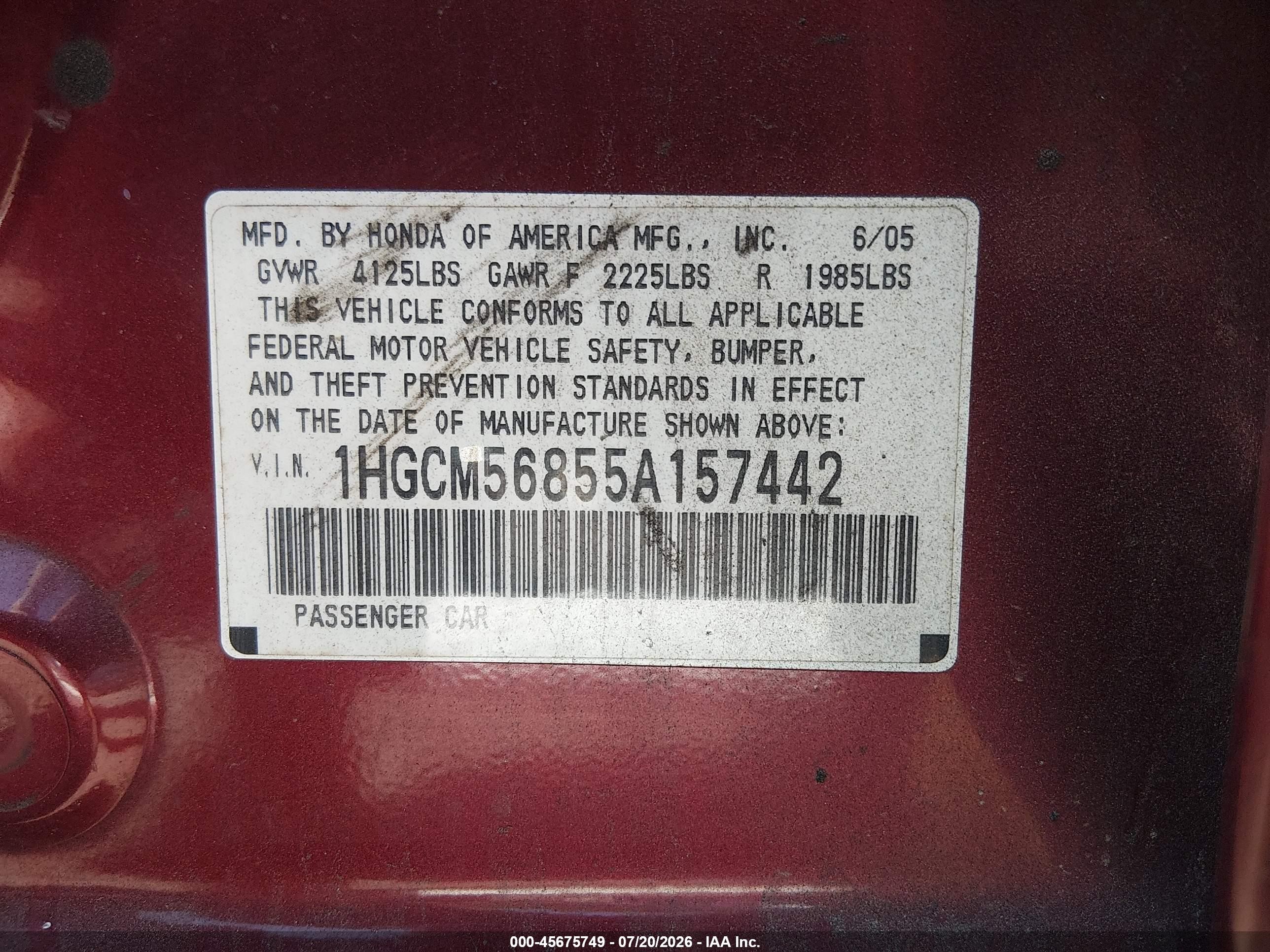 2005 Honda Accord 2.4 Ex Burgundy vin: 1HGCM56855A157442