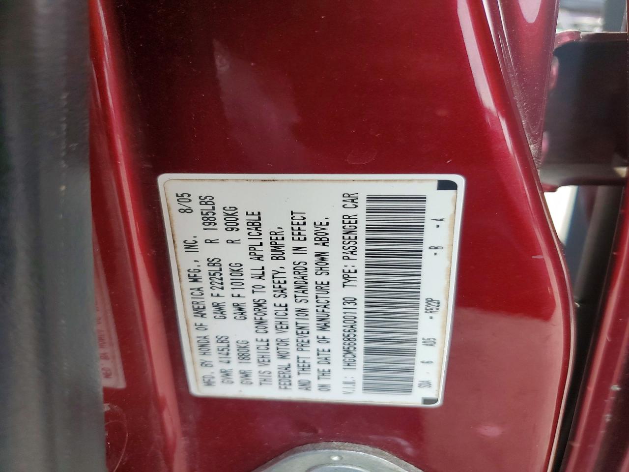 2006 Honda Accord Ex Burgundy vin: 1HGCM56856A001130