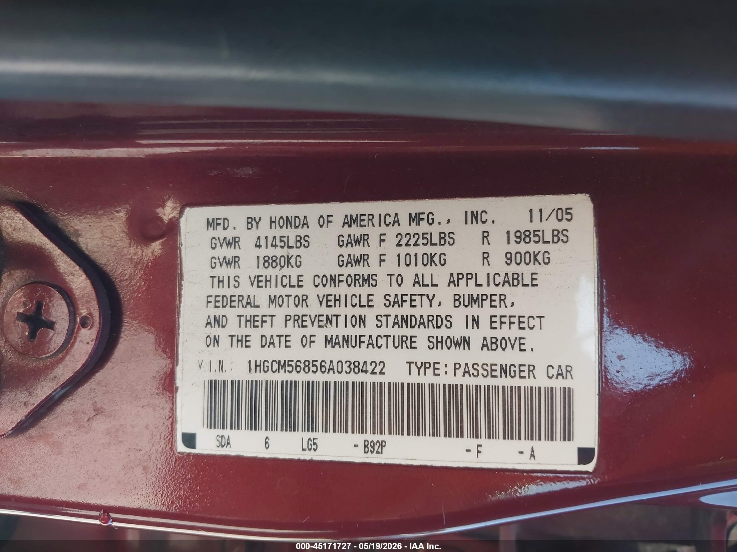 2006 Honda Accord 2.4 Ex Burgundy vin: 1HGCM56856A038422