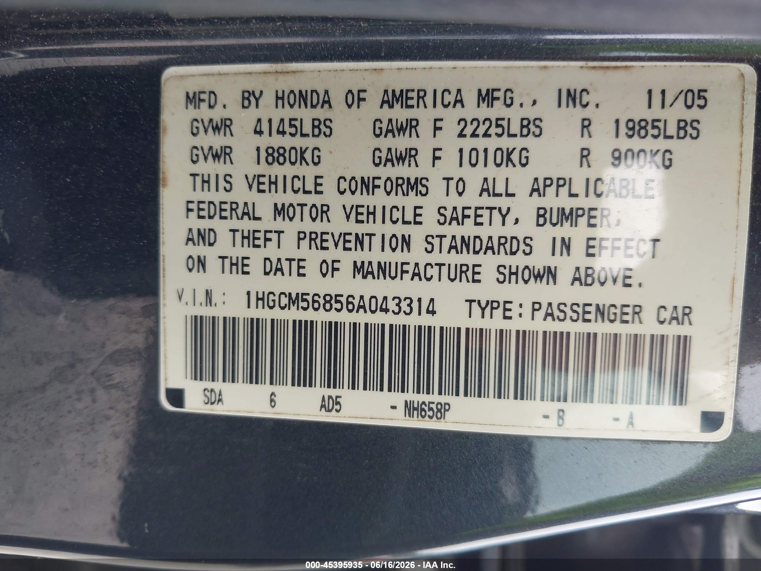 2006 Honda Accord 2.4 Ex Gray vin: 1HGCM56856A043314