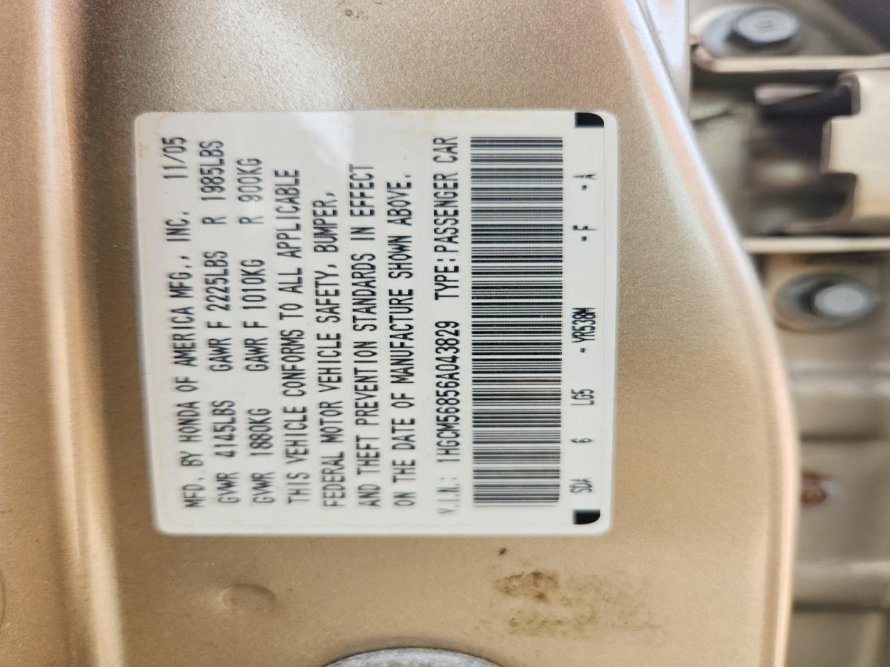 2006 Honda Accord Ex Gold vin: 1HGCM56856A043829