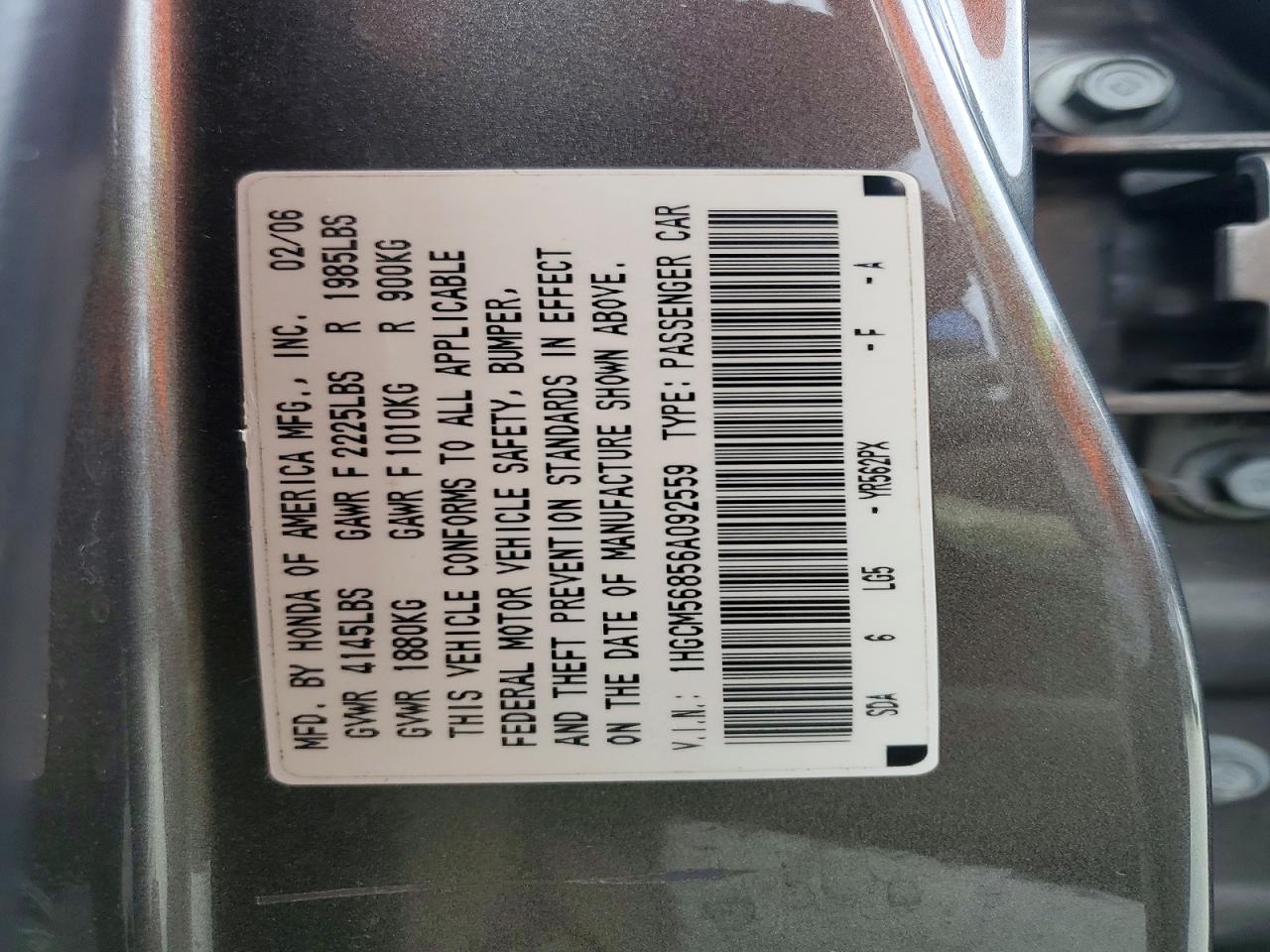 2006 Honda Accord Ex Gray vin: 1HGCM56856A092559