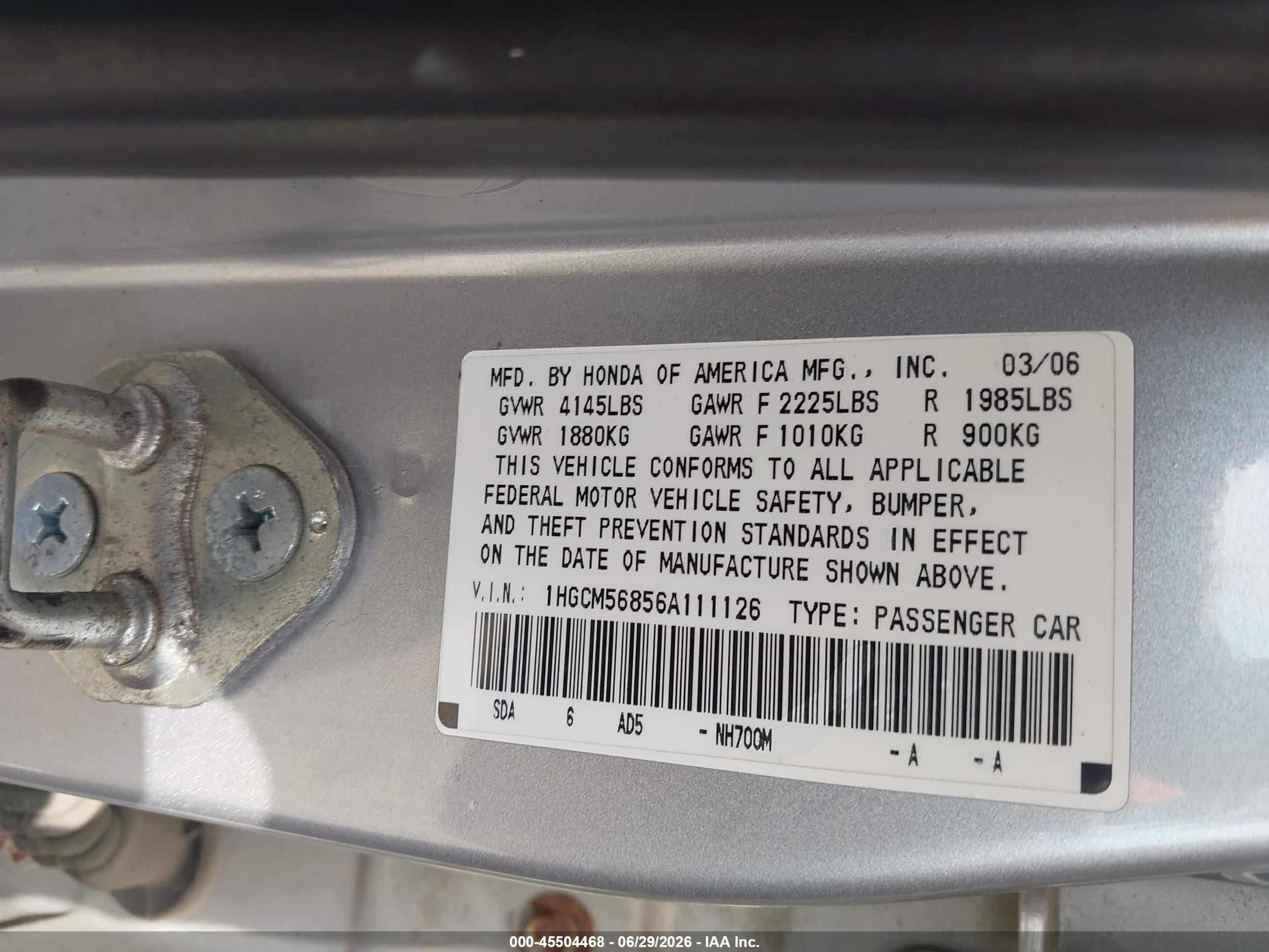 2006 Honda Accord 2.4 Ex Silver vin: 1HGCM56856A111126