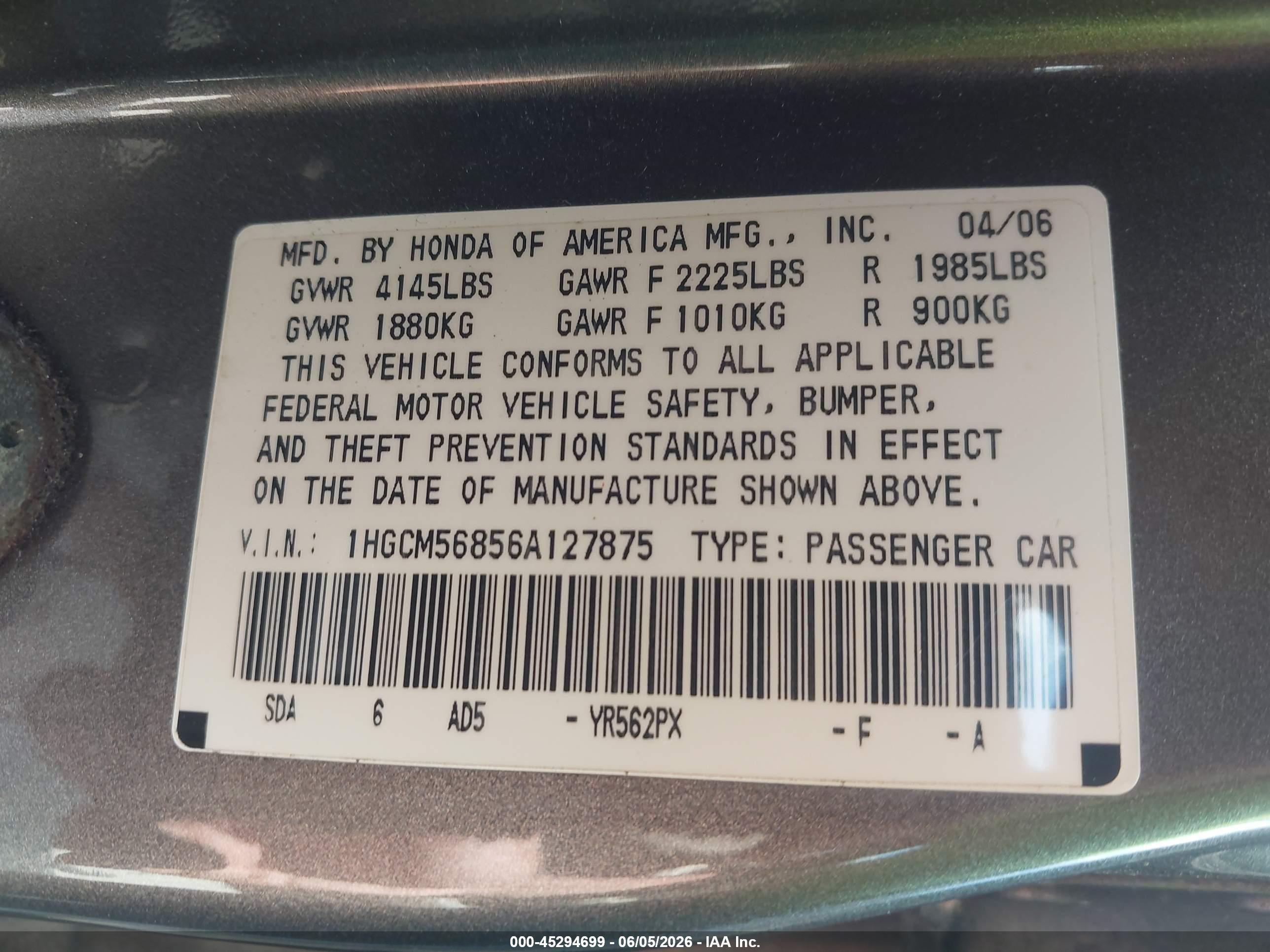 2006 Honda Accord 2.4 Ex Gray vin: 1HGCM56856A127875