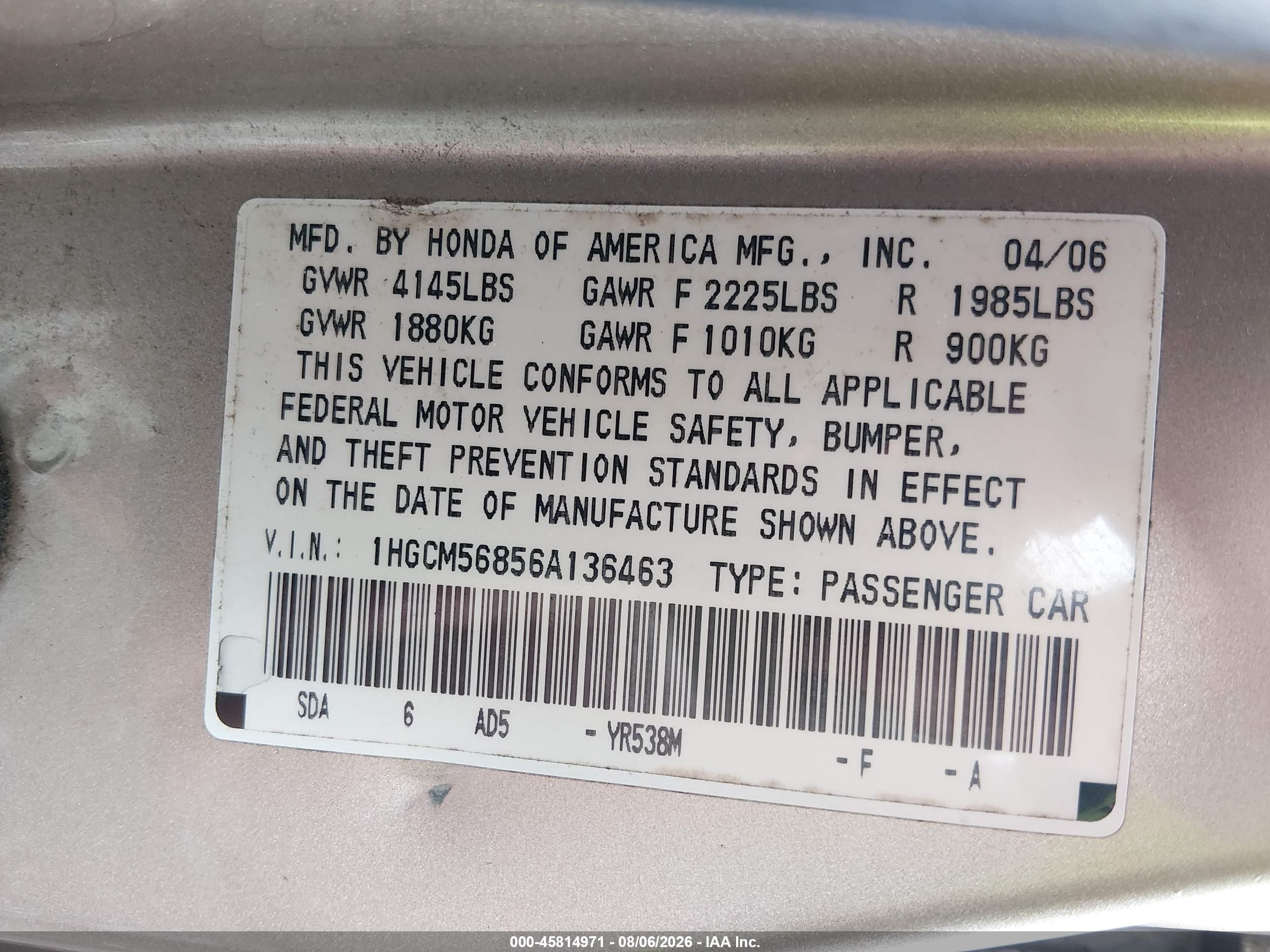2006 Honda Accord 2.4 Ex Gold vin: 1HGCM56856A136463