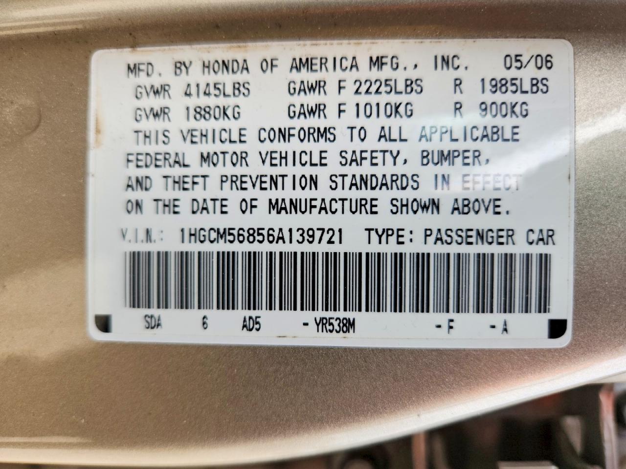 2006 Honda Accord Ex Tan vin: 1HGCM56856A139721