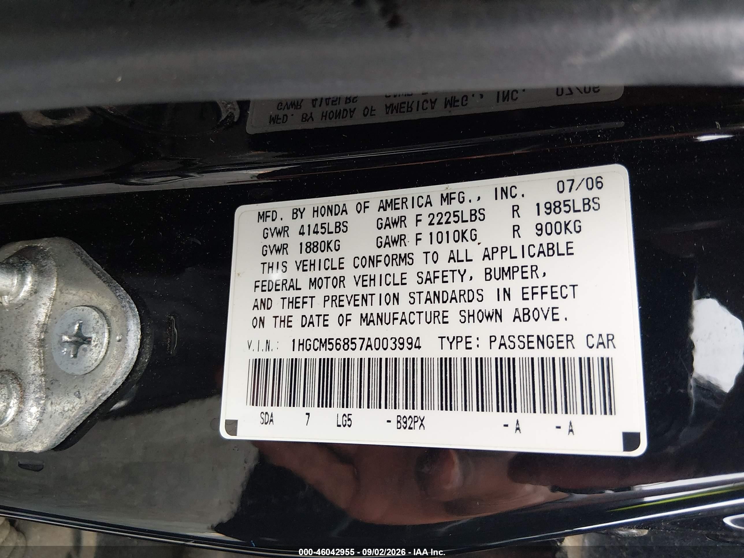2007 Honda Accord 2.4 Ex Черный vin: 1HGCM56857A003994