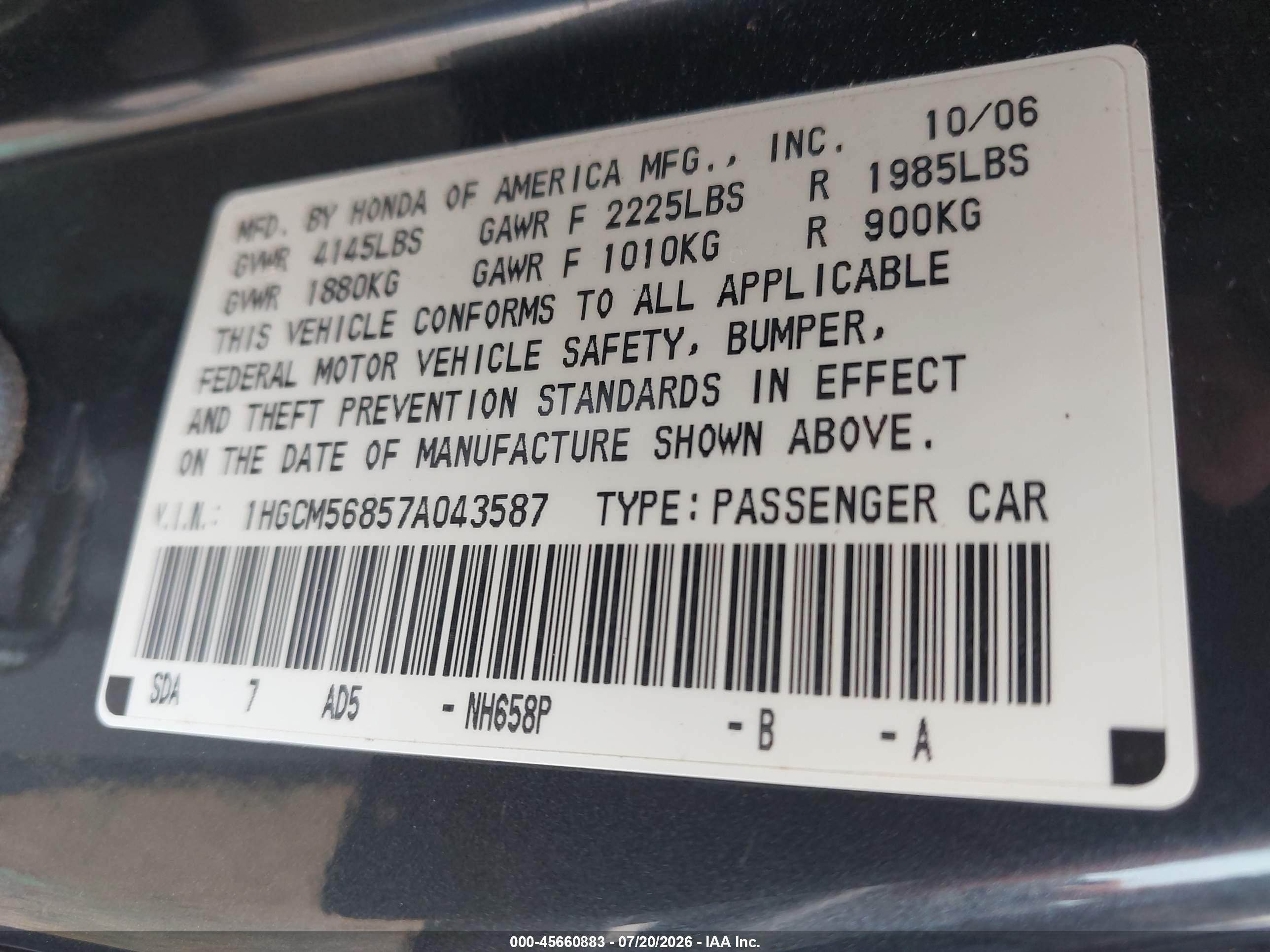 2007 Honda Accord 2.4 Ex Gray vin: 1HGCM56857A043587