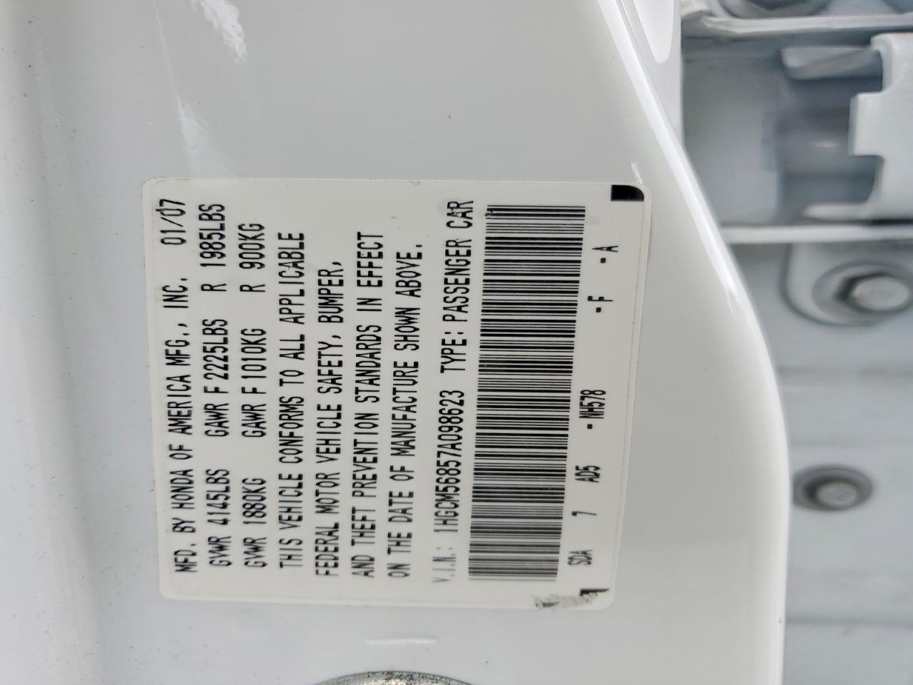 2007 Honda Accord Ex White vin: 1HGCM56857A098623