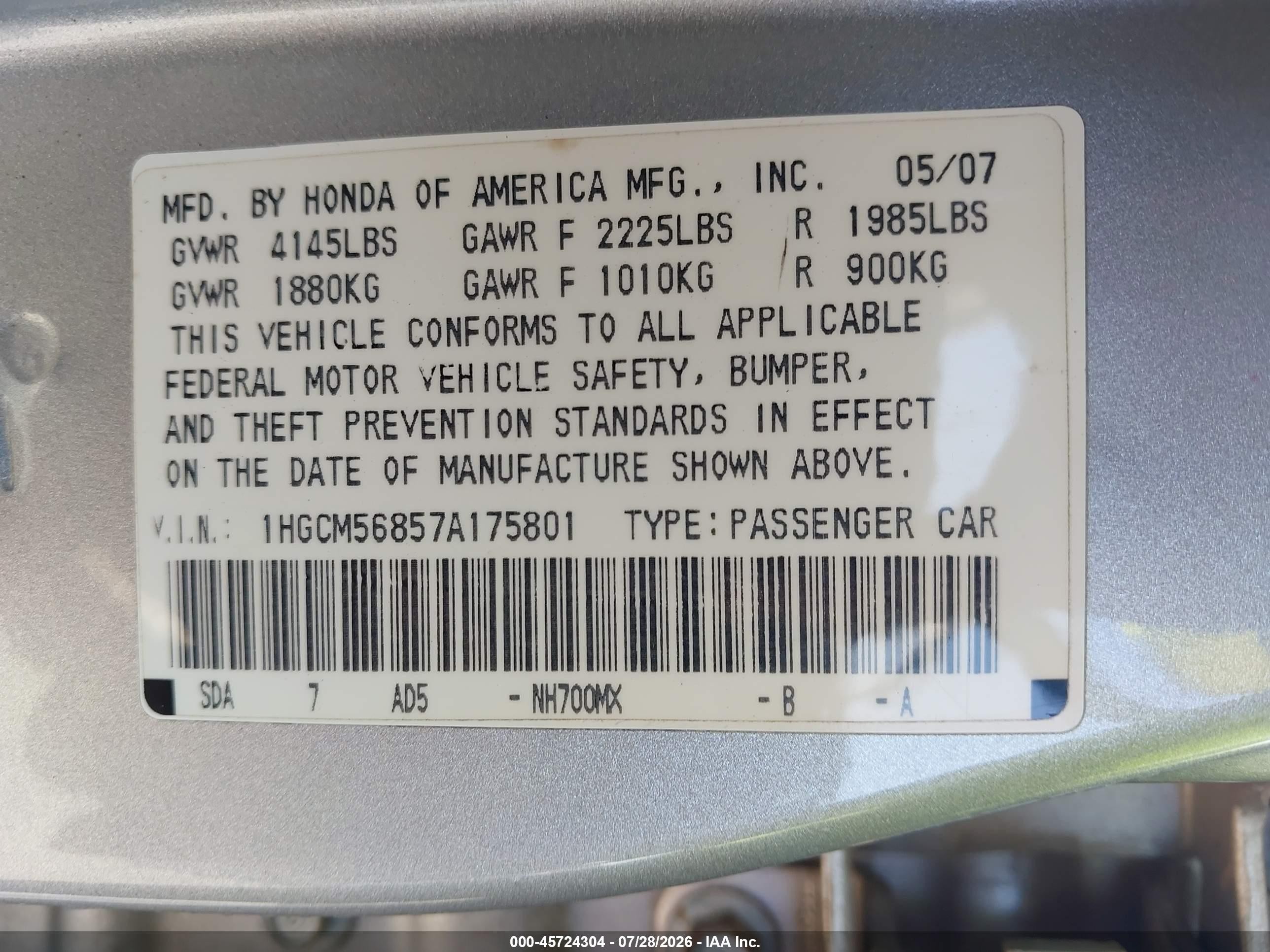 2007 Honda Accord 2.4 Ex Silver vin: 1HGCM56857A175801