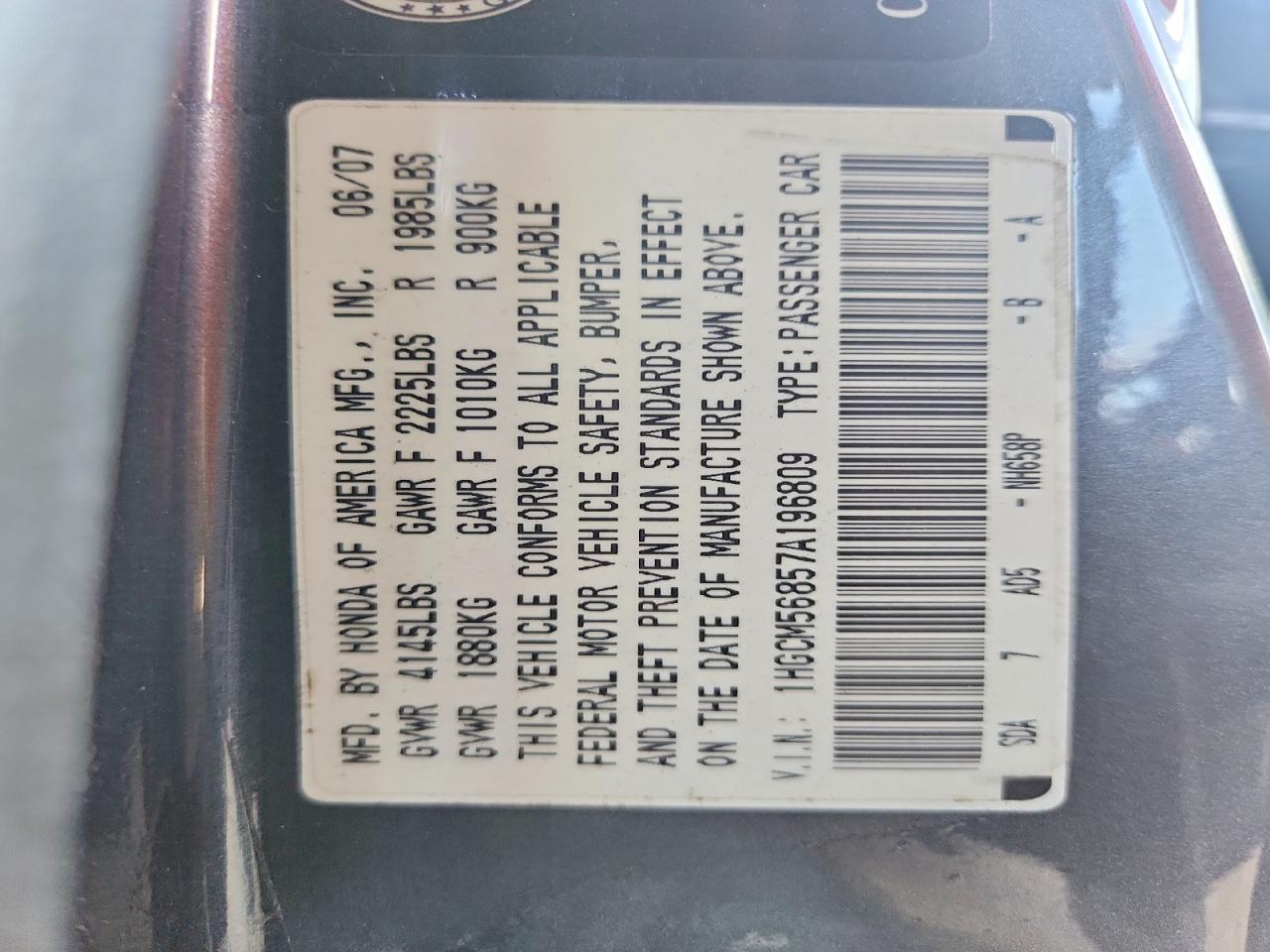 2007 Honda Accord Ex Charcoal vin: 1HGCM56857A196809