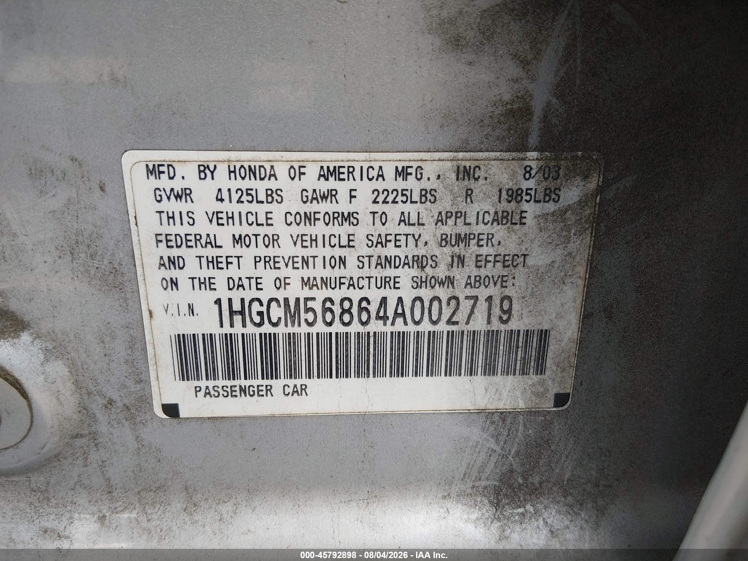 2004 Honda Accord 2.4 Ex Серебряный vin: 1HGCM56864A002719