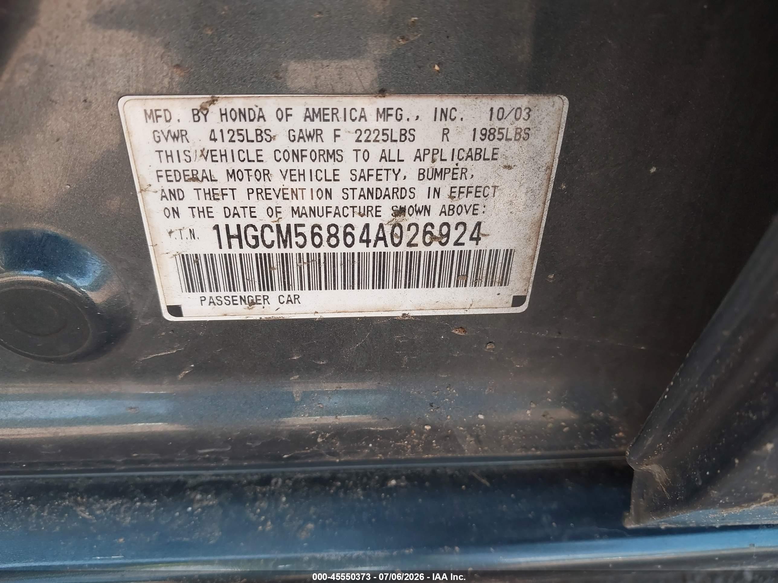 2004 Honda Accord 2.4 Ex Gray vin: 1HGCM56864A026924