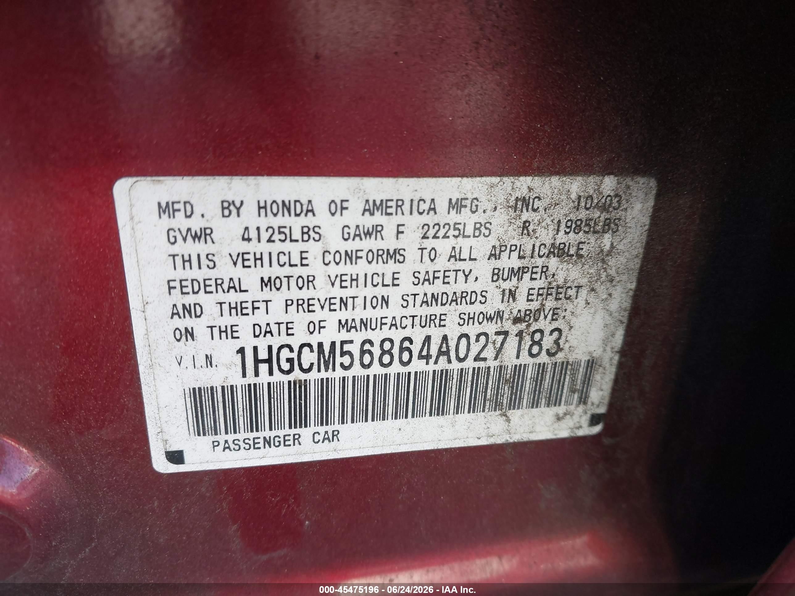 2004 Honda Accord 2.4 Ex Red vin: 1HGCM56864A027183