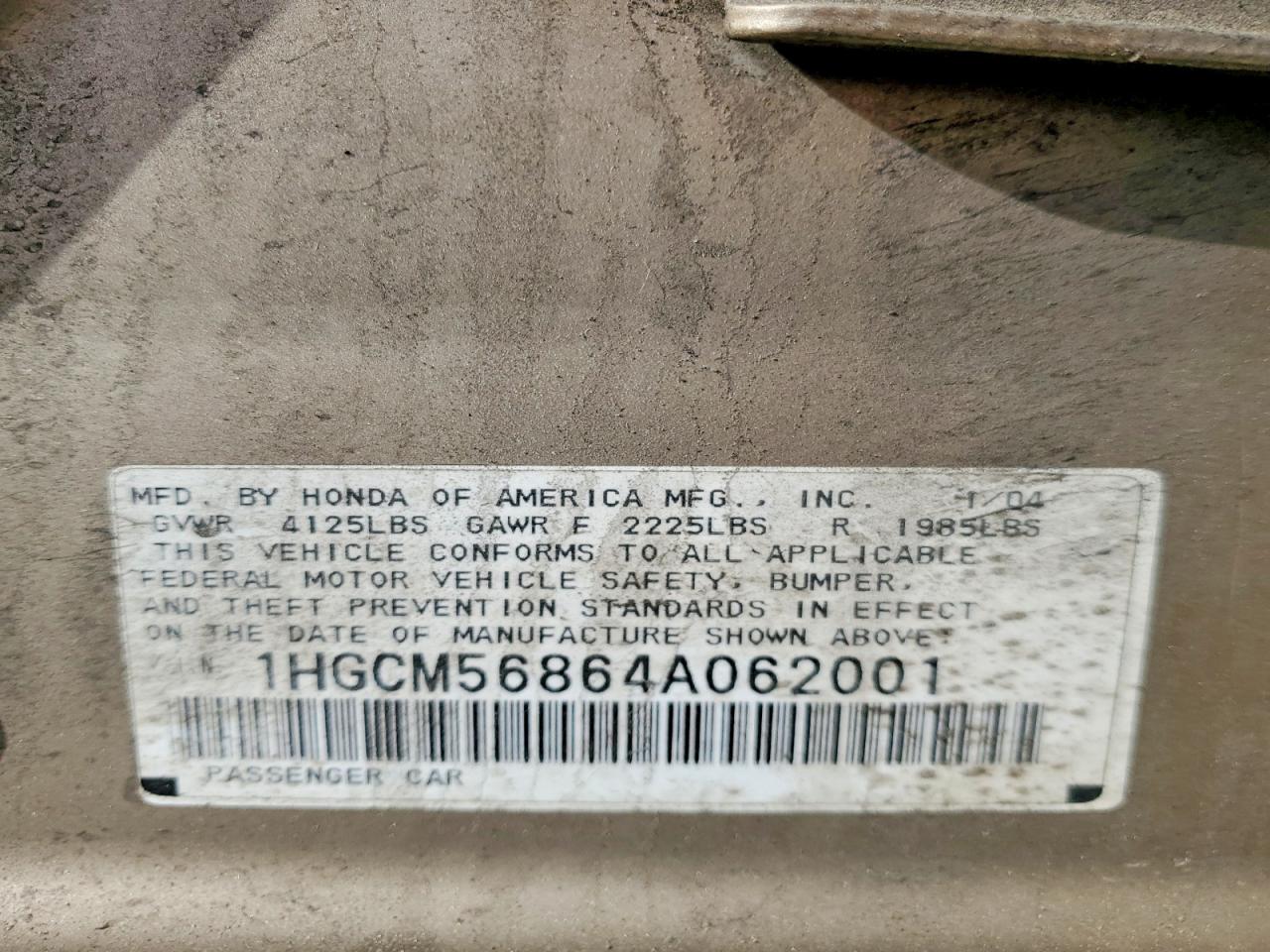2004 Honda Accord Ex Tan vin: 1HGCM56864A062001
