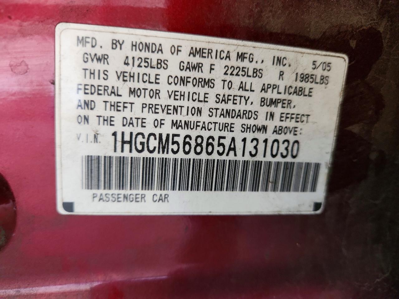 2005 Honda Accord Ex Maroon vin: 1HGCM56865A131030