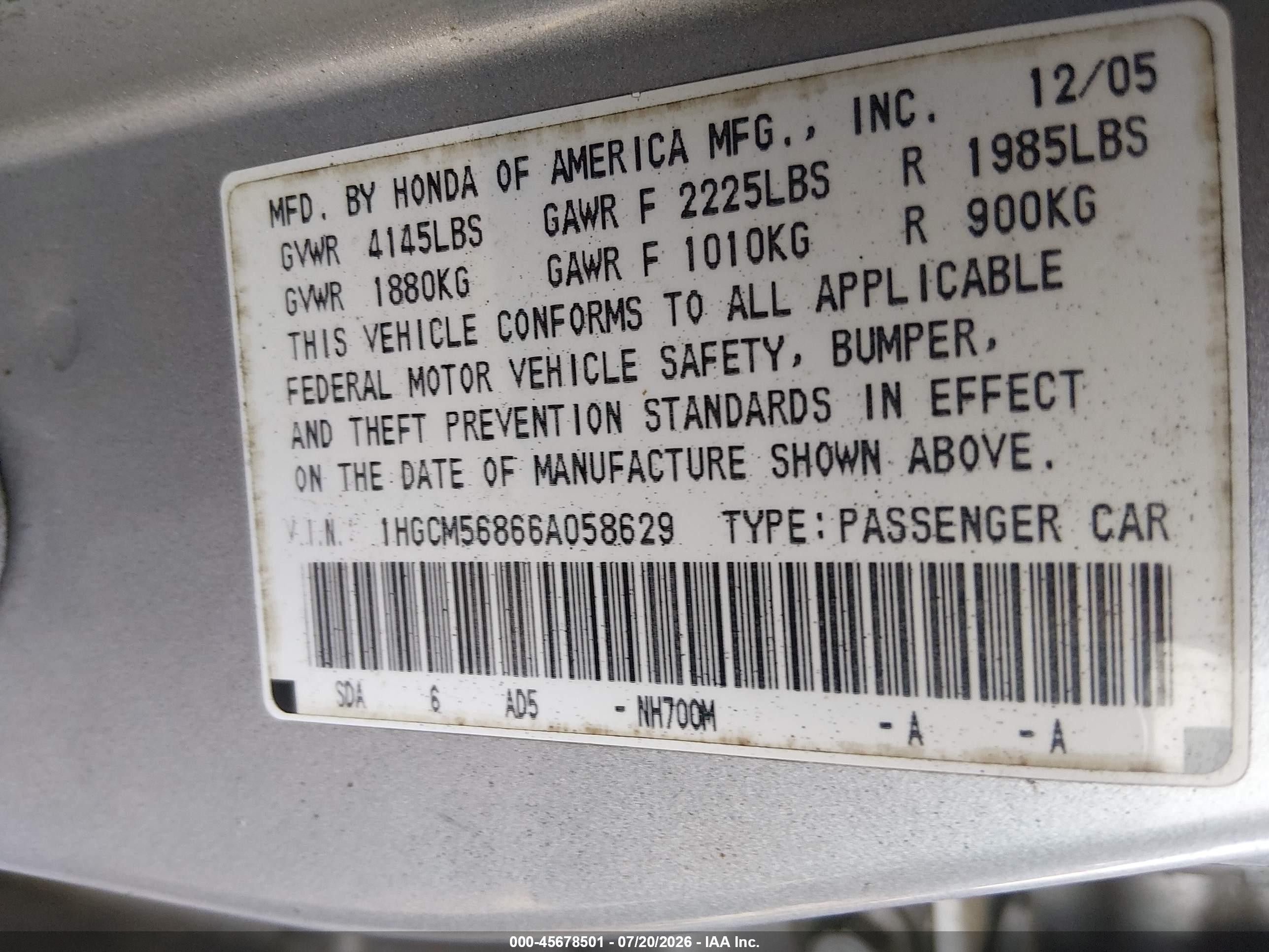 2006 Honda Accord 2.4 Ex Silver vin: 1HGCM56866A058629