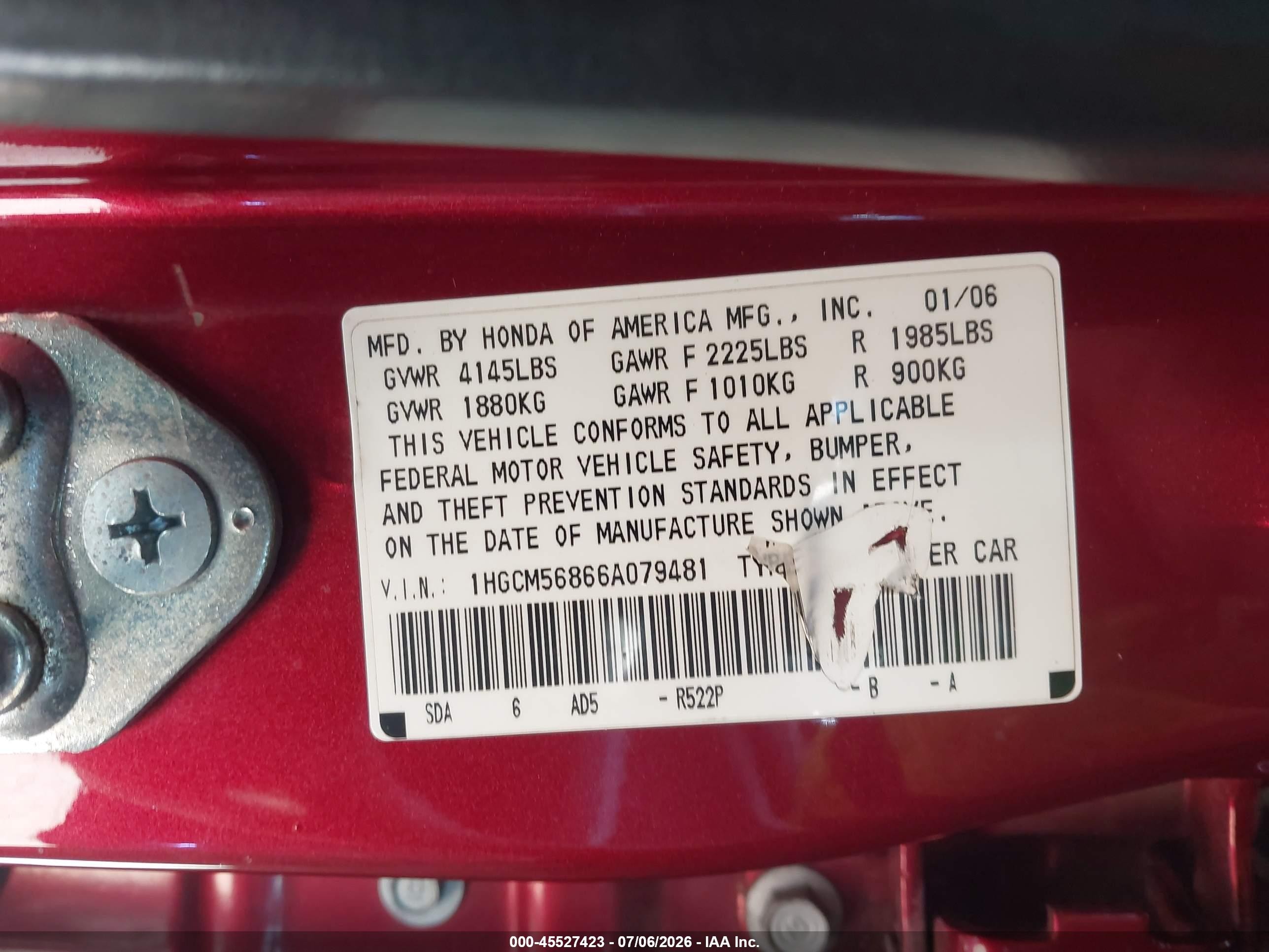 2006 Honda Accord 2.4 Ex Burgundy vin: 1HGCM56866A079481