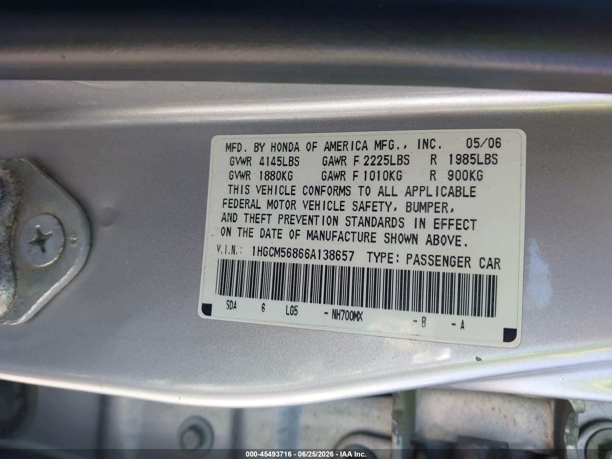 2006 Honda Accord 2.4 Ex Silver vin: 1HGCM56866A138657