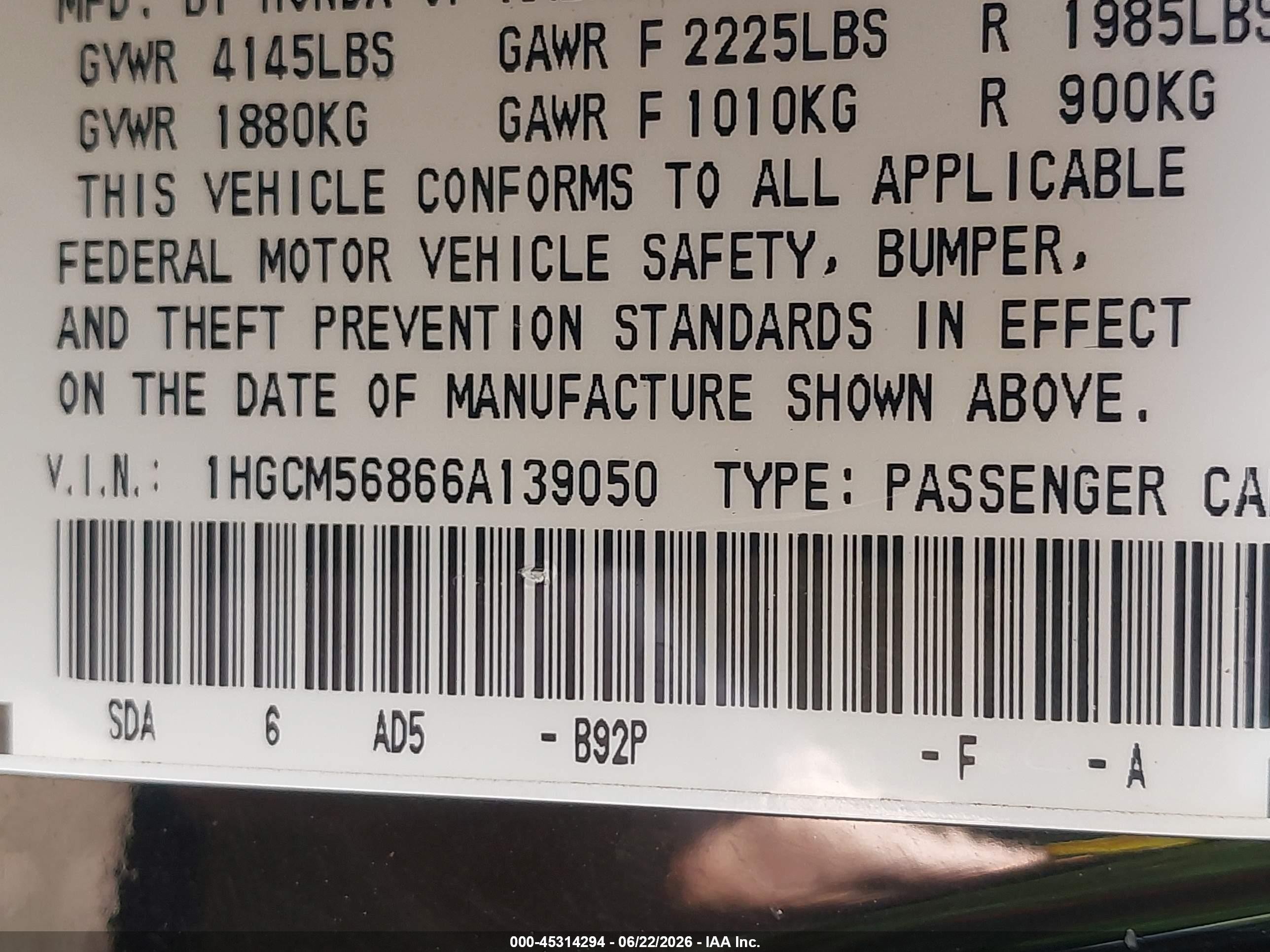 2006 Honda Accord 2.4 Ex Black vin: 1HGCM56866A139050
