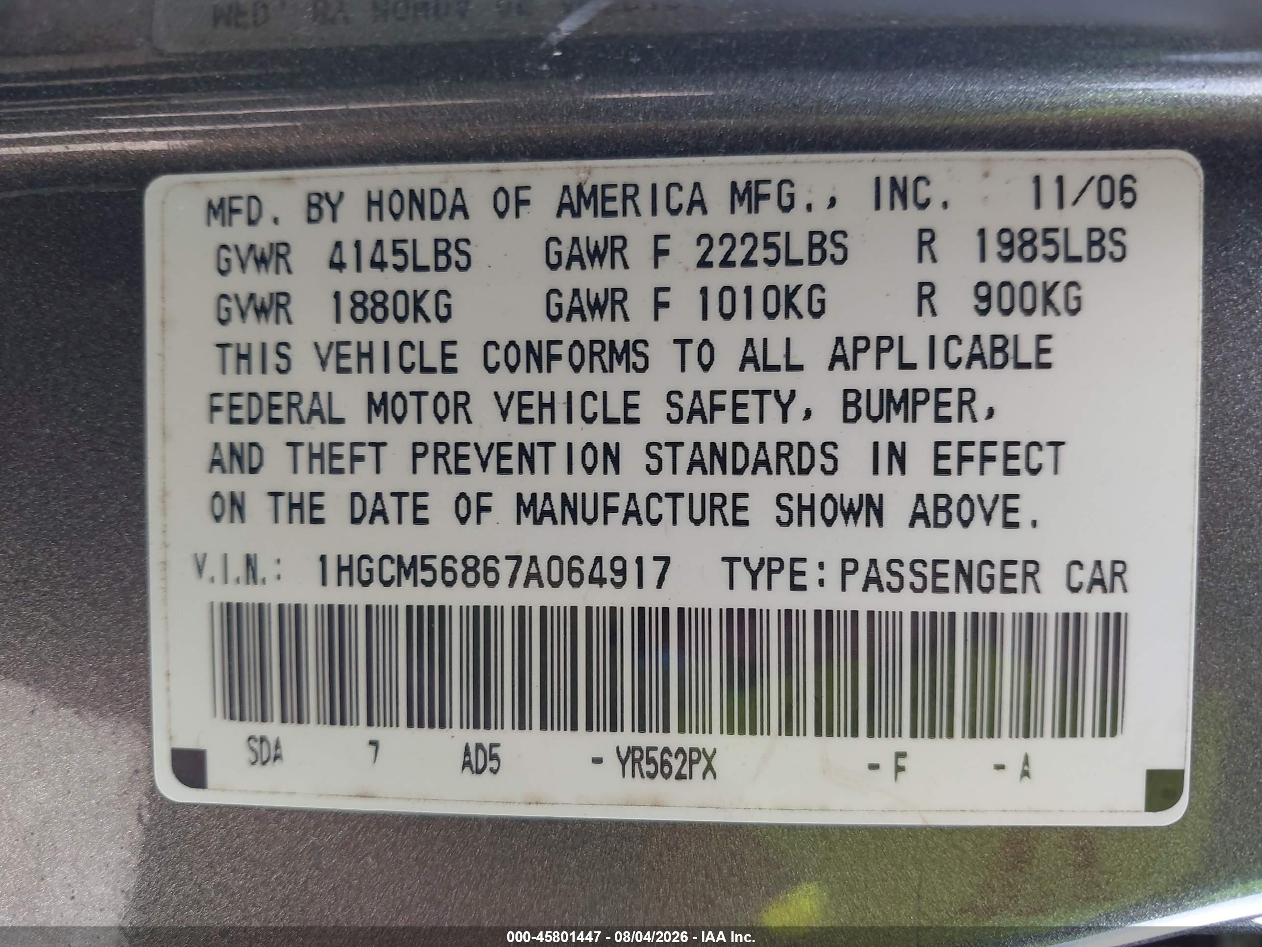 2007 Honda Accord 2.4 Ex Gray vin: 1HGCM56867A064917