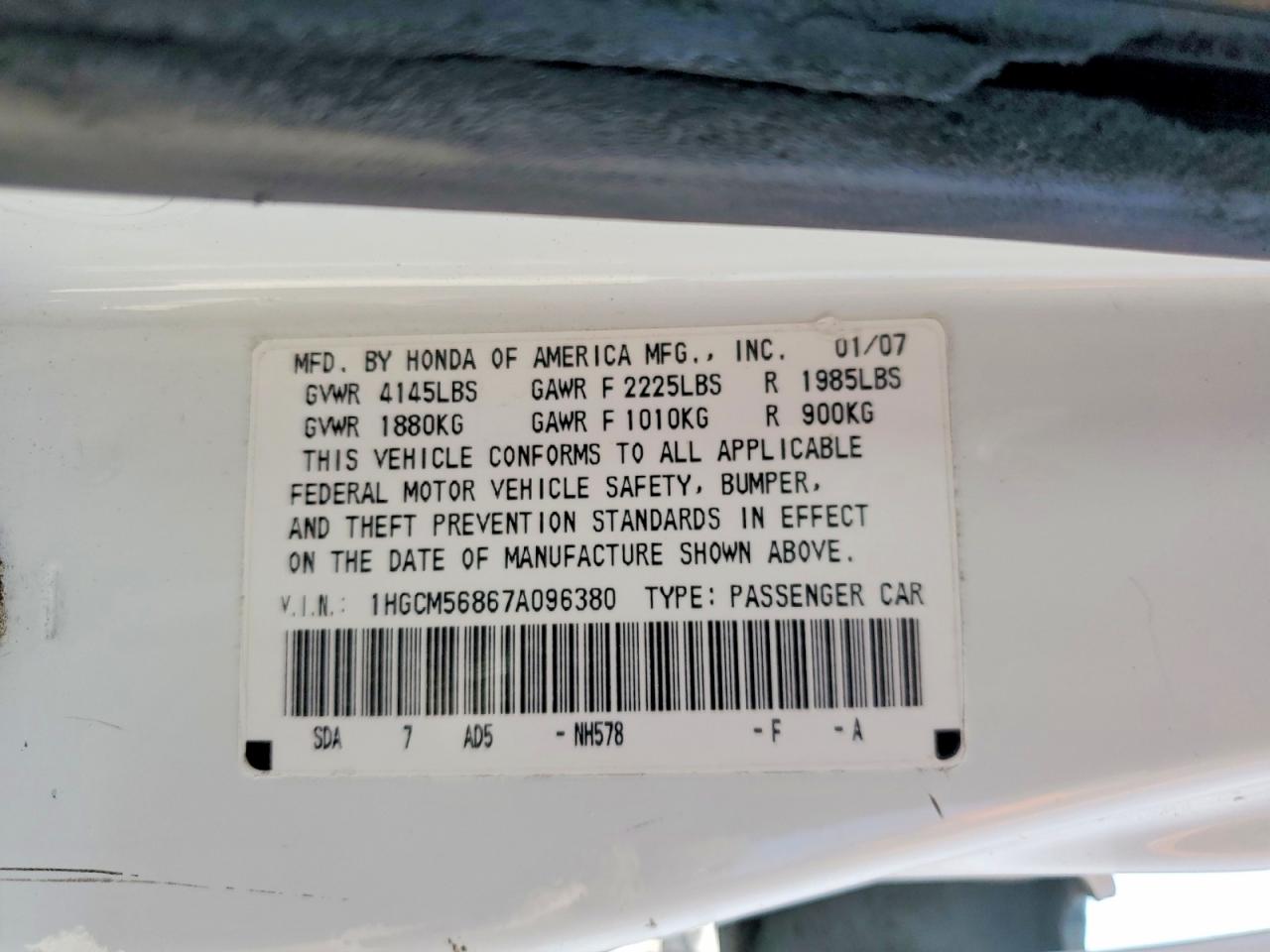 2007 Honda Accord Ex White vin: 1HGCM56867A096380