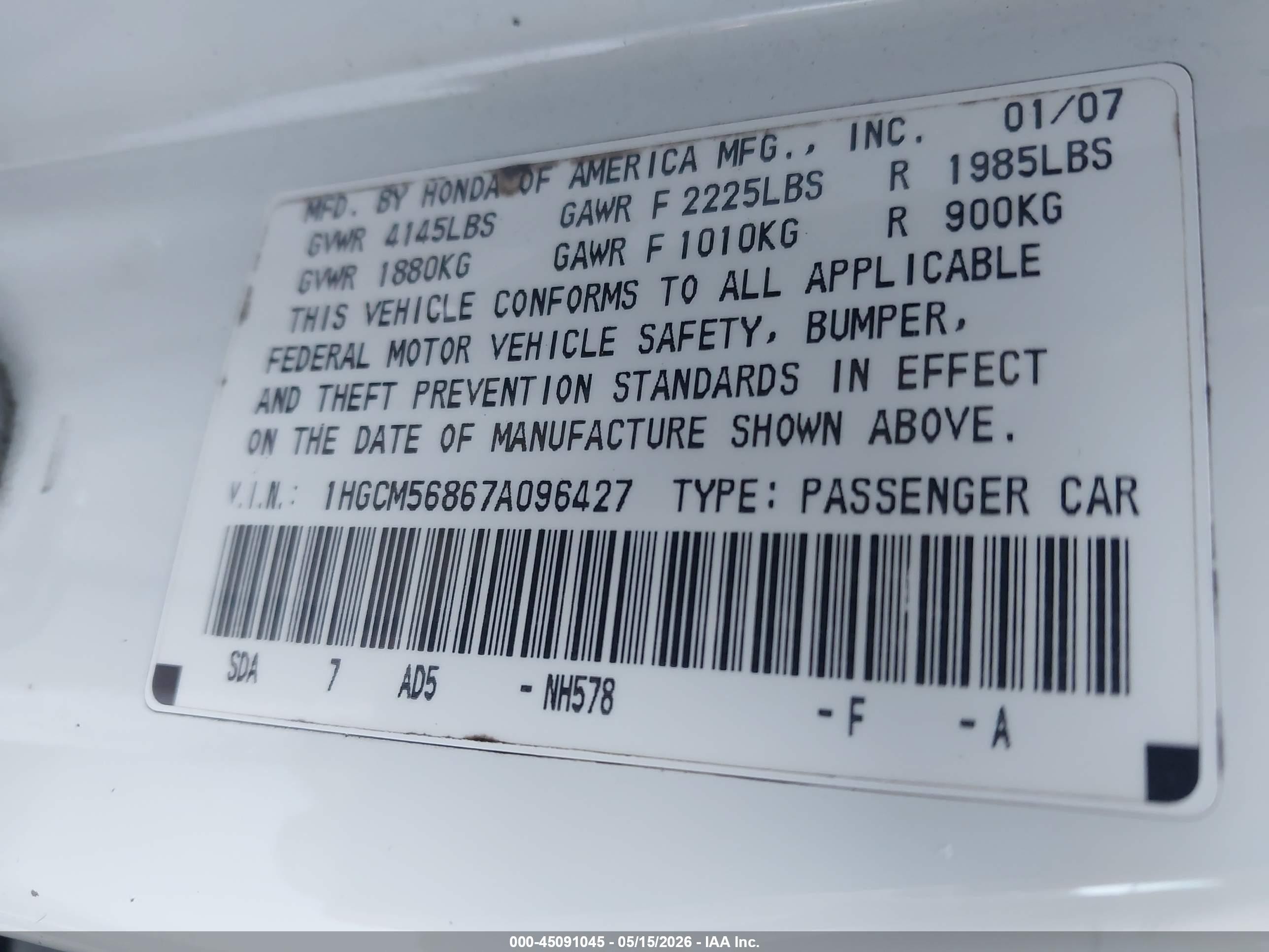 2007 Honda Accord 2.4 Ex White vin: 1HGCM56867A096427