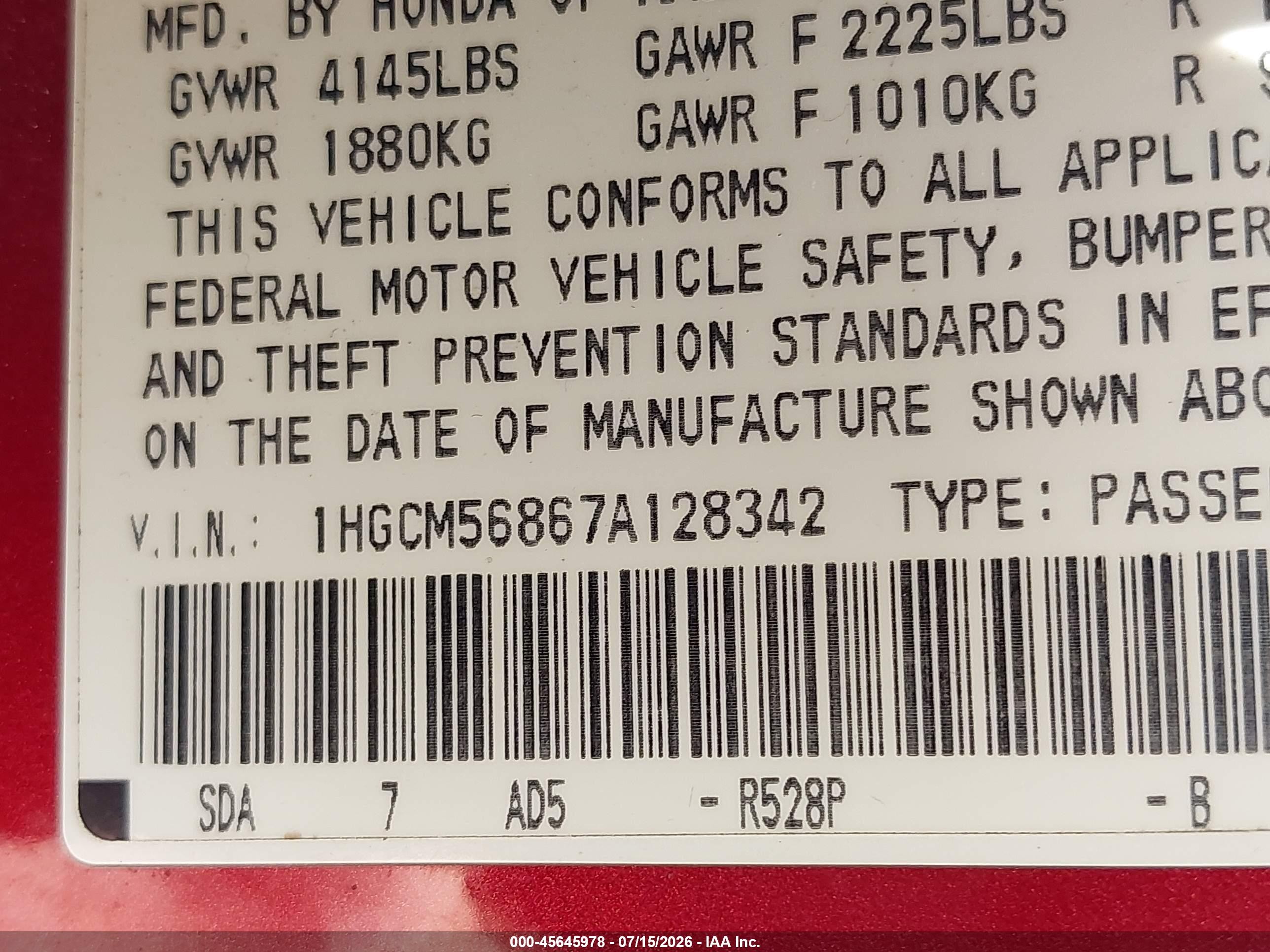 2007 Honda Accord 2.4 Ex Red vin: 1HGCM56867A128342