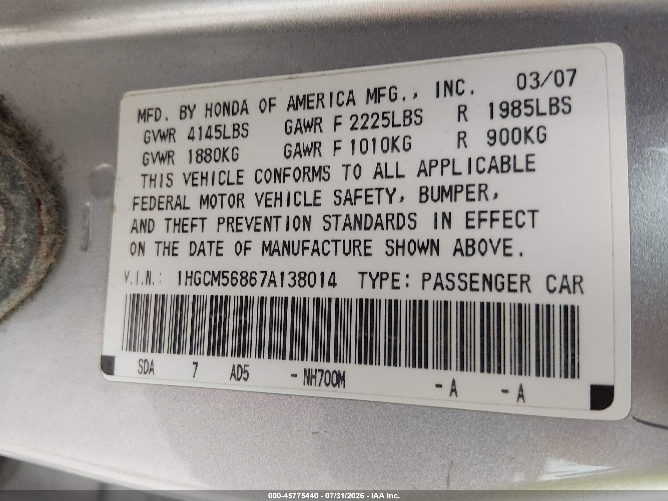 2007 Honda Accord 2.4 Ex Silver vin: 1HGCM56867A138014